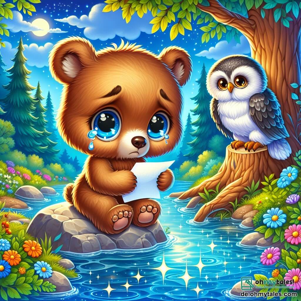 Ein junger Bär mit braunem, weichem Fell und großen, traurigen blauen Augen steht auf einem Felsen am Rand eines glitzernden Baches. Er schaut melancholisch ins Wasser, während Tränen über seine Wangen rollen und er ein kleines Stück Papier in seinen Pfoten hält, bereit, es an seinen Freund zu senden. Neben ihm sitzt eine weise alte Eule mit grauen und weißen Federn auf einem Ast und beobachtet ihn mit Mitgefühl. Ihre runden, goldenen Augen drücken Verständnis und Sanftheit aus, während sie den Kopf leicht neigt, bereit, tröstende Worte anzubieten. Die Kulisse ist ein wunderschöner, bunter Wald mit majestätischen Bäumen, leuchtend grünen Blättern, bunten Blumen am Boden und einem klaren blauen Himmel mit flauschigen weißen Wolken. Der kristallblaue Bach reflektiert das Sonnenlicht und erzeugt funkelnde Lichtblitze. Die Hauptsituation zeigt den Bären, der sich von seinem Freund verabschiedet, indem er einen Brief schreibt, um ihm zu sagen, wie sehr er ihn vermisst, während er sich an die glücklichen Momente erinnert, die sie geteilt haben.