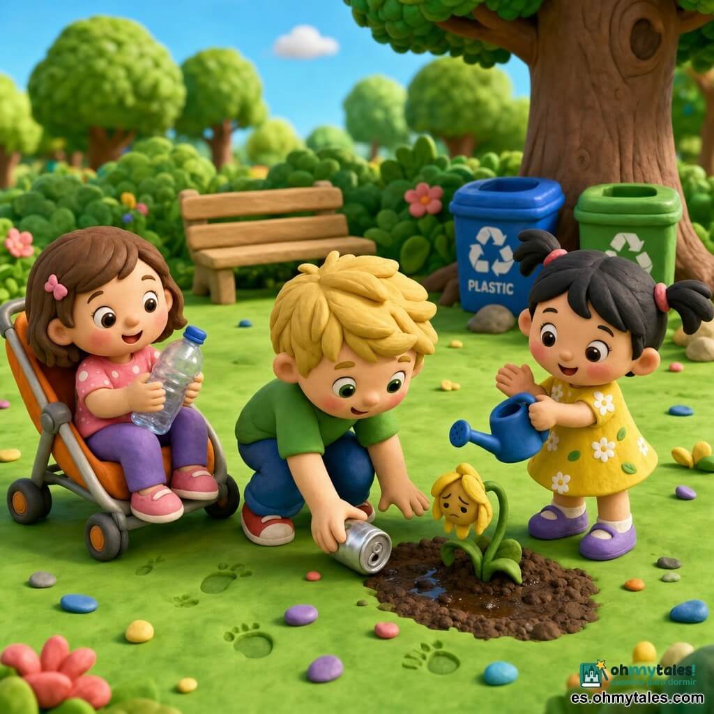 Hay tres niños: Ana, unos 2 años, cabello corto castaño, sentada en una pequeña sillita naranja a la izquierda sosteniendo una botella de plástico; Tom, unos 2 años, rubio, en el centro agachado recogiendo una lata plateada; Lia, unos 2 años, con coletas, a la derecha aplaudiendo y regando una pequeña flor con un regadera azul. Están en un parque soleado sobre una gran hoja de césped verde, con árboles de troncos lisos, un banco de madera claro y papeleras de colores cerca de un gran árbol (una azul para plástico, una verde para papel). El suelo parece masa de modelar con pequeñas huellas, algunas piedrecitas y un area de tierra húmeda junto a la flor. La escena muestra a los niños limpiando y cuidando el parque con gestos suaves; atmósfera luminosa, colores vivos y expresiones alegres que transmiten cuidado y amabilidad.