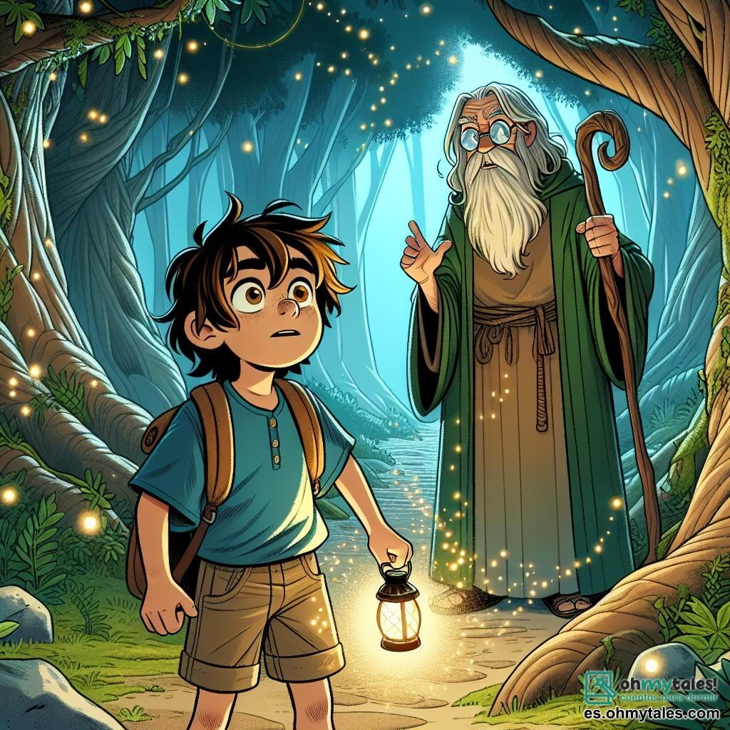 Un niño de 10 años, Leo, con cabello castaño desordenado y ojos brillantes como luciérnagas, está al borde de un sendero en el Bosque de los Susurros. Su rostro expresa una determinación valiente, con una ligera sonrisa que revela su emoción. Lleva una camisa azul y un pantalón corto de tela, y sostiene una pequeña linterna mágica que brilla débilmente en la sombra. A su lado, un viejo sabio, un hombre de unos 70 años con una larga barba blanca y gafas redondas, observa atentamente el bosque. Viste una túnica de tela verde y lleva un bastón de madera tallado, manteniéndose ligeramente atrás, listo para dar consejos. El lugar es un denso y misterioso bosque, con árboles gigantescos de troncos retorcidos y hojas de un verde brillante. Rayos de luz atraviesan el follaje, creando patrones danzantes en el suelo cubierto de musgo. Susurros suaves y misteriosos flotan en el aire, añadiendo una atmósfera mágica. La escena principal muestra a Leo, listo para entrar en el Bosque de los Susurros, decidido a encontrar la Llama Dorada. Mira con valentía las sombras que se dibujan entre los árboles, mientras criaturas fantásticas, apenas visibles, parecen observarlo con curiosidad.