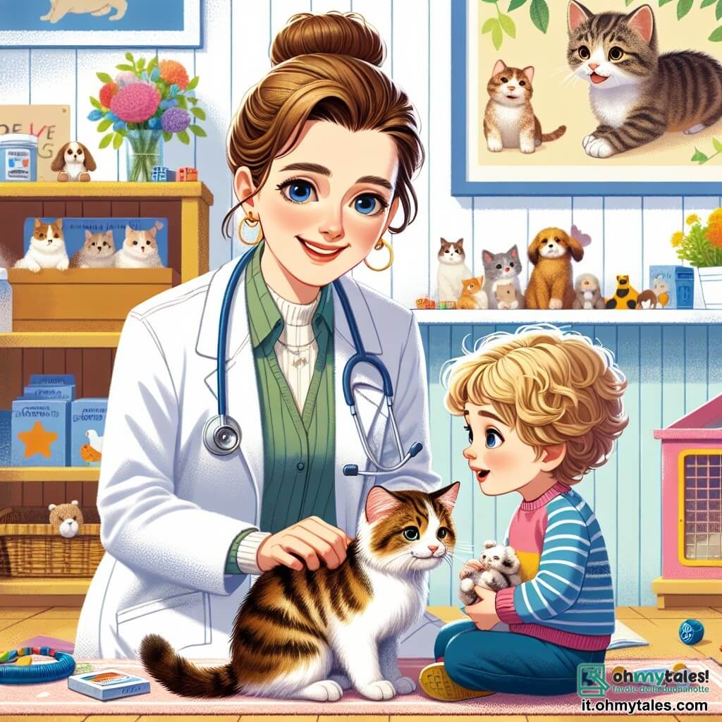 Una veterinaria, una donna di circa trenta anni con capelli castani raccolti in un chignon, indossa un camice bianco e un sorriso caloroso. È accovacciata, esaminando un piccolo gatto tigrato che fa le fusa, con occhi brillanti di compassione e concentrazione. Accanto a lei, una bambina di circa 8 anni, con capelli biondi e ricci, osserva con meraviglia. Tiene in mano un giocattolo a forma di gatto, con gli occhi spalancati per curiosità ed eccitazione. L'ambiente è un ambulatorio veterinario colorato e accogliente, con manifesti di animali sulle pareti, giocattoli per animali sparsi e una grande finestra che lascia entrare la luce del sole, creando un'atmosfera calda e gioiosa. La scena principale mostra la veterinaria mentre rassicura la bambina mentre si prende cura del gatto, illustrando l'amore e la cura che dedica agli animali, condividendo questa bella esperienza con un giovane bambino.
