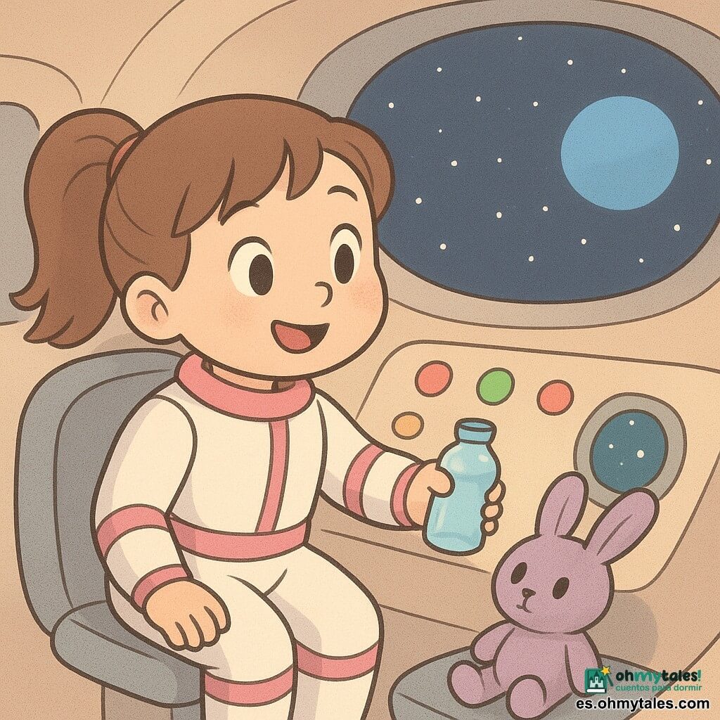 Una joven sonriente y tranquila, cabello castaño en coleta, traje espacial blanco y rosa, ojos brillantes y mejillas sonrosadas, sostiene una pequeña botella de agua y la acerca a una consola luminosa; un peluche de conejo violeta llamado Lila está en el asiento junto a ella, con grandes ojos cosidos y textura suave; interior de una pequeña lanzadera con paredes redondeadas, botones coloridos y luces verdes y rojas, una escotilla circular muestra un cielo estrellado y un planeta azul cercano; ambiente cálido y sereno: la chica alimenta la nave con agua, la luz roja cambia a verde, colores pastel, rasgos redondeados y sombras suaves.