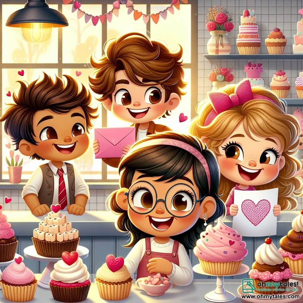 There are four main characters: Max, a 10-year-old boy with messy brown hair and a mischievous smile, holding a pink envelope; Leo, a 9-year-old boy with blonde hair and glasses, laughing while showing a cream-covered cupcake; Emma, a 10-year-old girl with brown curls and a pink dress, joyfully smiling while holding a heart-decorated cupcake; and Charlie, a 10-year-old boy with brown hair and a shy look, gazing at Emma with a timid smile while holding a heart drawing. They are all together inside the charming bakery Sweet Treats, adorned with Valentine's decorations of hearts and flowers. Colorful cupcakes and fun-shaped cakes are displayed on the counter, while a soft golden light filters through the windows, creating a warm and festive atmosphere. The main scene shows the four friends celebrating Valentine's Day, laughing and sharing treats, reflecting the importance of friendship and love.