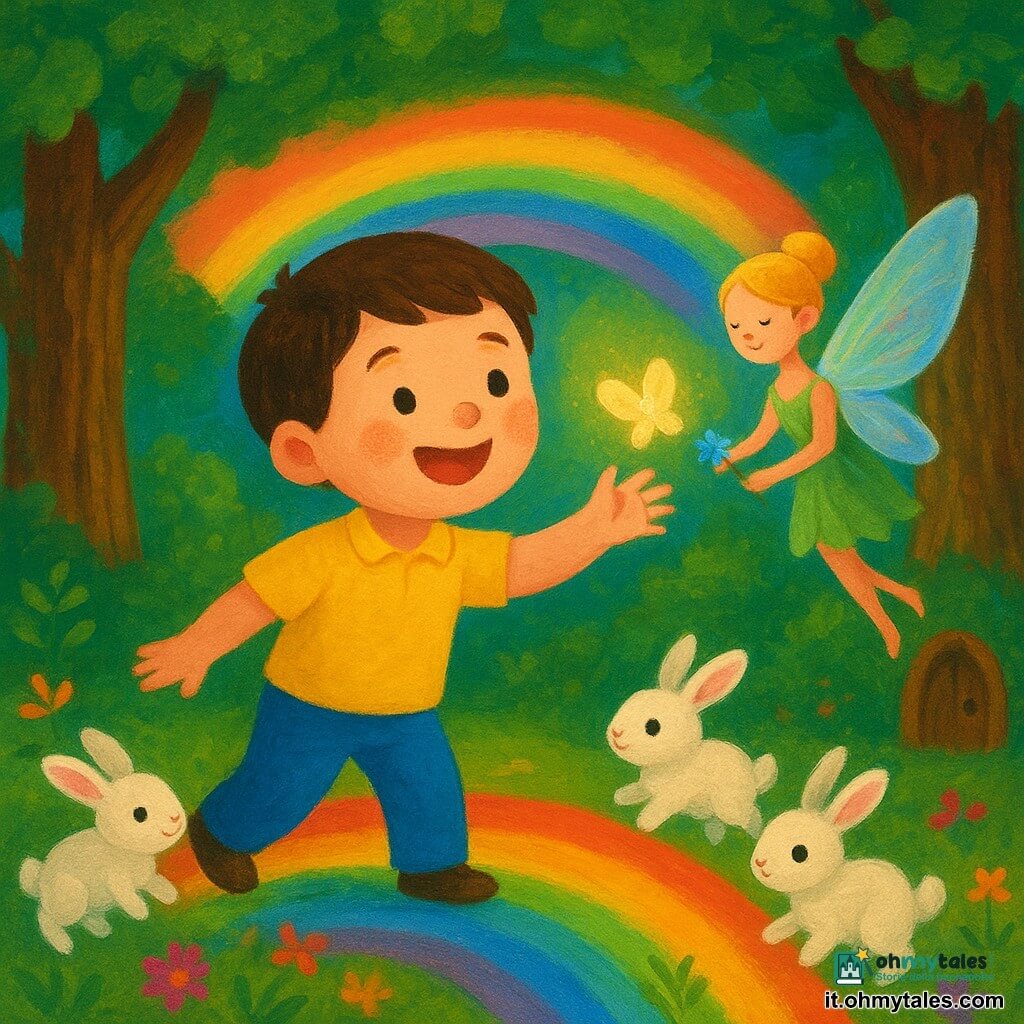 Un bambino di circa 7 anni di nome Lino, felice e meravigliato, volto rotondo e guance rosate, capelli castani corti, veste una camicia gialla e pantaloni blu, sorride e tende la mano verso una piccola farfalla luminosa; accanto a lui vola a destra una minuscola fata donna dall'aspetto giovane, corpo delicato, ali traslucide iridescenti e capelli biondi raccolti, che tiene un piccolo fiore blu scintillante; alla sinistra di Lino alcuni coniglietti bianchi dal pelo soffice saltellano intorno ai suoi piedi formando un mezzo cerchio; lo sfondo è un bosco magico con tronchi robusti dalla corteccia marcata, foglie verdi vivaci, prato fiorito con petali rossi, viola e arancioni e una piccola porta rotonda in un tronco; un arcobaleno basso e largo attraversa la scena dietro i personaggi diffondendo una luce dolce; Lino e la fata stanno salendo delicatamente sull'arcobaleno mentre i coniglietti danzano sotto, atmosfera calda, colori vivaci, forme semplici e contorni morbidi adatti ai più piccoli.