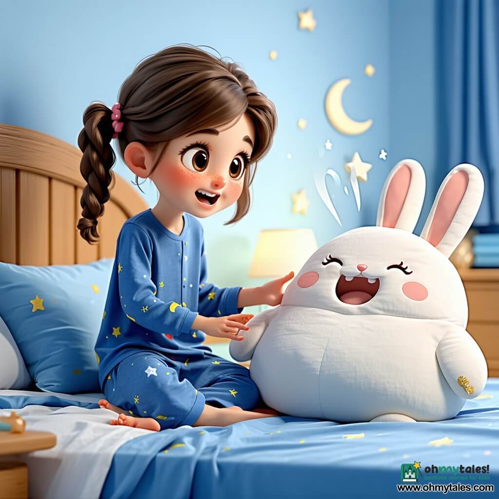 A 4-year-old girl with round bright eyes and light brown pigtails, smiling and amazed, sits at the edge of her bed in blue moon-and-star pajamas, reaching toward a plump white pillow with a small embroidered face—smiling eyes and an "O" mouth—that softly vibrates as if holding back a laugh; beside her to the left a beige stuffed rabbit named Mr. Flop with floppy ears leans against the blanket with one paw raised as if pointing; the small, cozy bedroom has cream walls, a star-shaped nightlight casting spots of light, a shelf of colorful books and a round window showing a deep blue night sky; the large comfy bed has a pale pink duvet, stacked pillows and tiny drawn cookie crumbs on the cover; together the girl and her toys are playfully searching for a “laugh” that has escaped, creating a charming, gentle nighttime scene full of mischief and whimsy.