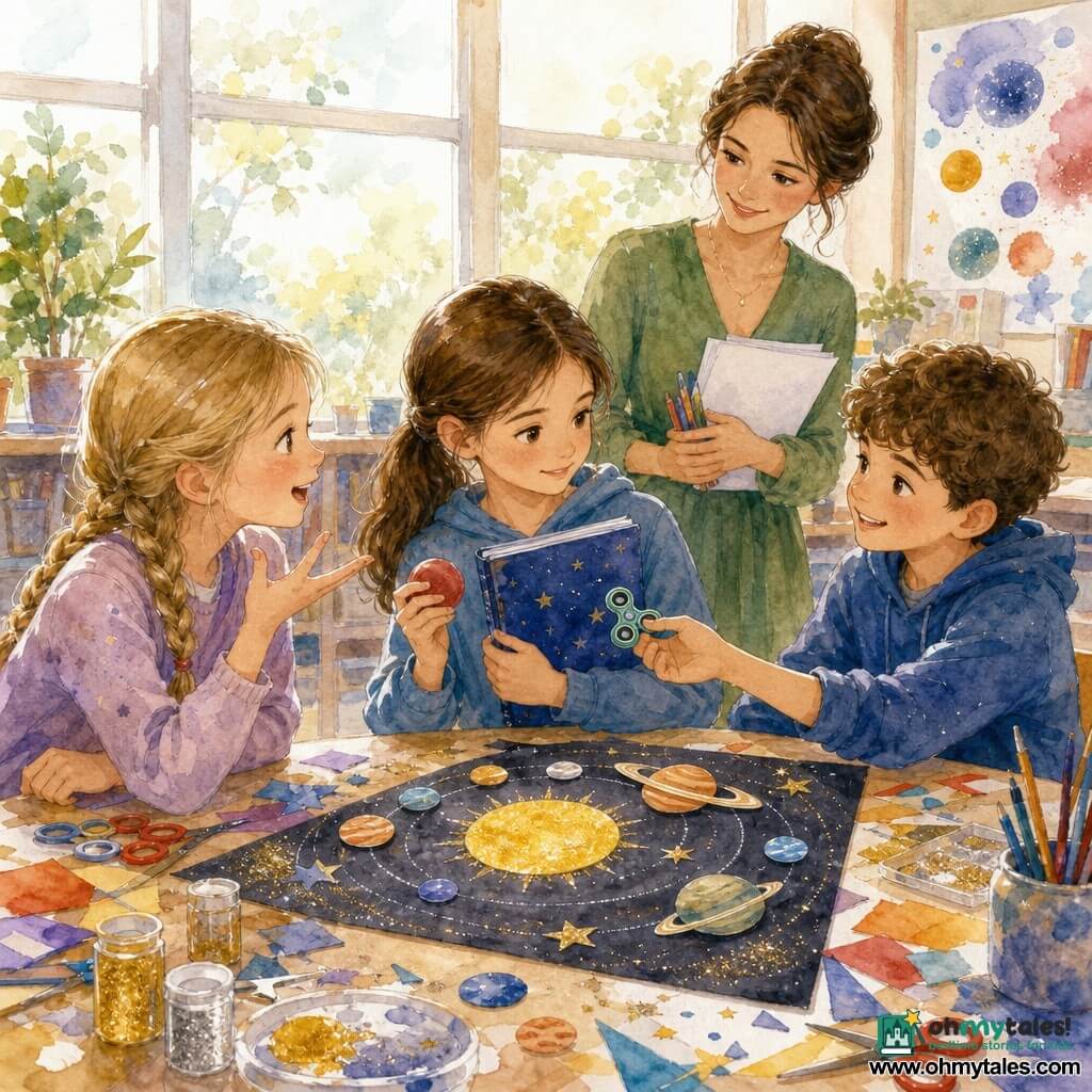 Ten-year-old Maya, focused and serene with sparkling eyes and mid-length brown hair in a ponytail, holds a blue star notebook and gently squeezes a small red stress ball; ten-year-old Theo, short curly hair and smiling, sits to her right and offers a small fidget toy; ten-year-old Zoe, blond hair in a braid and wide-eyed, sits to Maya’s left telling a story with a hand gesture; Ms. Lee, about 30, in a green dress, watches gently from behind the table holding papers and pencils; a bright classroom with large windows and light wood tables strewn with colored papers, yellow and silver paint, glitter, planet stickers and scissors surrounds a central solar-system poster in progress—Saturn with shiny rings and a textured yellow sun with cut-out planets glued in a circle—creating a harmonious, collaborative scene of calm gestures, shared smiles and controlled watercolor splashes suggesting movement and creativity.