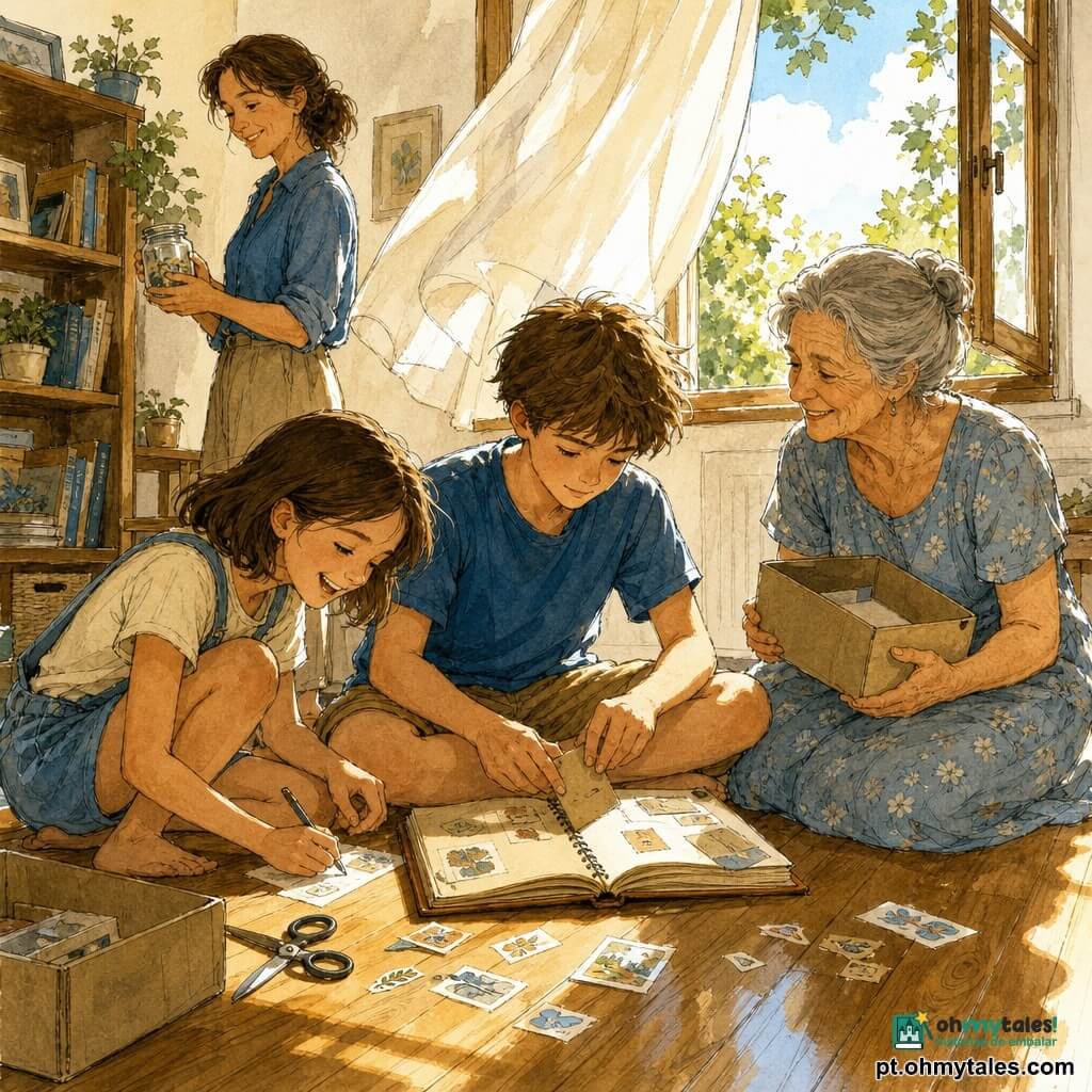Um rapaz de 12 anos, rosto redondo, cabelo castanho desgrenhado, olhar terno e concentrado, segura um talão de caixa dobrado e cola num caderno; está sentado num quadrado de luz dourada sobre o chão de madeira. Uma avó (~70 anos), cabelo grisalho em coque, pele vincada mas sorridente, olha ternamente para o rapaz segurando uma pequena caixa de sapatos aberta; está sentada à direita dele. A prima Inês (~11 anos), cabelo castanho em coque desordenado, ri enquanto desenha uma pequena toalha num autocolante; está agachada à esquerda, perto do caderno. A mãe (~40 anos) ao fundo, em pé junto a uma prateleira, segura um frasco de vidro e sorri, luz suave iluminando seu perfil. A sala é uma sala de estar de verão: chão de madeira polida, grande janela aberta com cortina leve ao vento, paredes brancas, faixa quente de sol retangular no chão, caixa de cartão, tesoura e autocolantes espalhados. Cena principal: momento calmo e acolhedor em que a família monta um "Canto das Memórias" — gestos cuidadosos, objetos simples colados no caderno, atmosfera íntima e pacífica, texturas de tinta visíveis, paleta quente (amarelos dourados, castanhos, azuis suaves).
