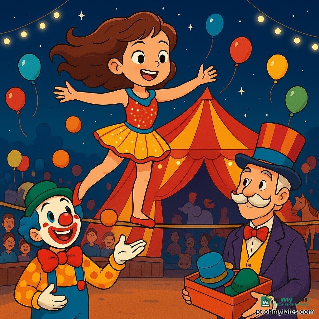 Uma menina de 12 anos, chamada Bia, está em uma corda esticada acima do palco do circo, seu rosto radiante de excitação e determinação, com cabelos castanhos ondulados ao vento. Ela usa um traje de circo colorido, adornado com brilhos que cintilam sob as luzes. A seus pés, um palhaço jovial, Toni, de cerca de 30 anos, faz malabarismos com laranjas, com o rosto pintado de branco e um grande sorriso vermelho, rindo e a incentivando do chão. Perto dali, Chapéu, um homem de 70 anos com um grande bigode enrolado, usa um chapéu colorido e observa Bia com orgulho, segurando uma caixa cheia de chapéus diversos. O cenário é um circo vibrante, com uma grande lona vermelha e amarela, luzes brilhantes e espectadores ansiosos sentados em bancos de madeira, cercados por balões coloridos e animais de circo ao fundo. A cena principal mostra Bia, concentrada, avançando cautelosamente na corda, pronta para realizar seu número de circo, enquanto o público prende a respiração, criando uma atmosfera de suspense e maravilha.