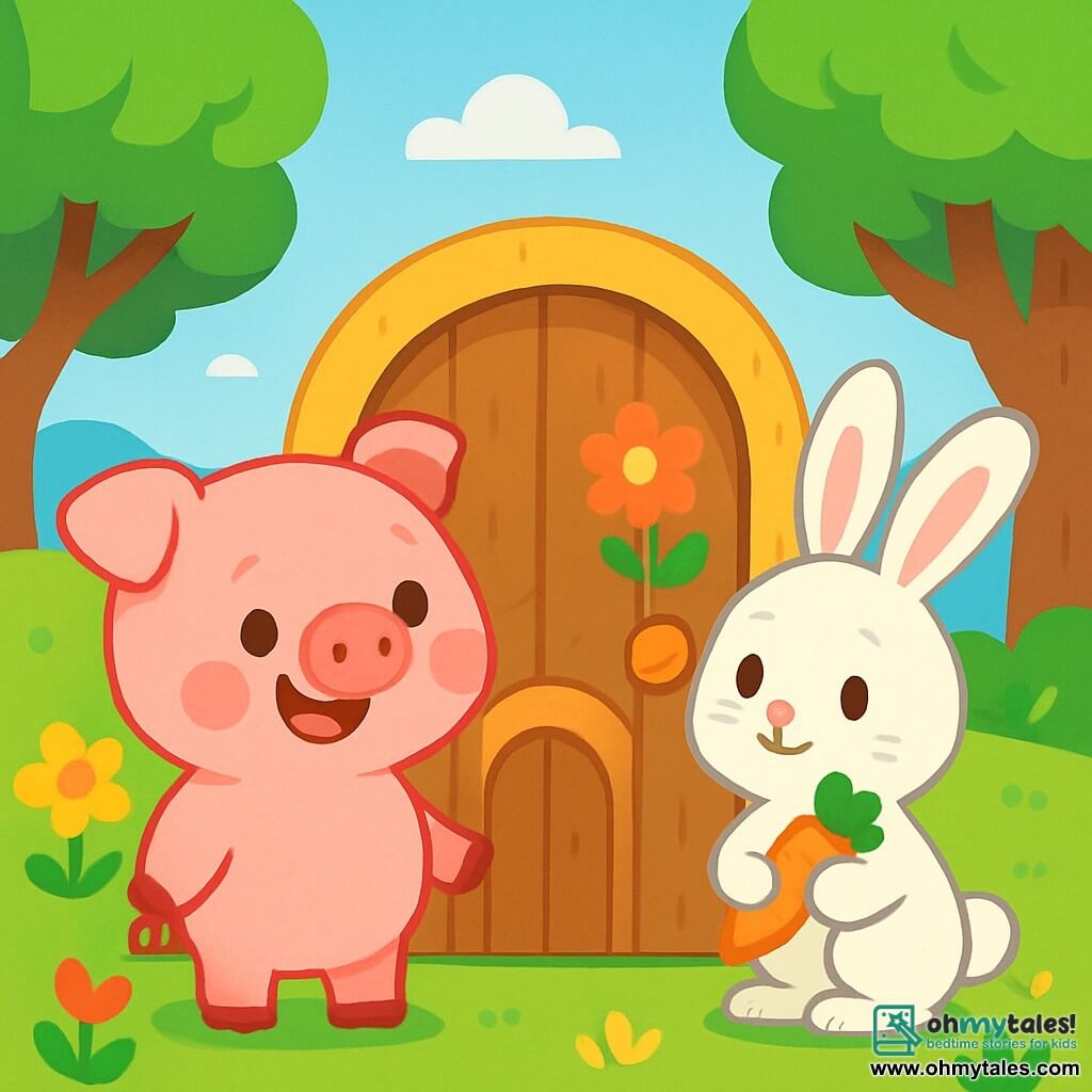 A little pig named Percy, round and pink, with a twitching nose and bright, excited eyes, stands in front of a small wooden door adorned with colorful flowers. He smiles widely, his rosy cheeks rounding with joy. Next to him, an adorable bunny named Bella, with soft white fur and large upright ears, looks at the door with curiosity, holding a carrot in her front paws. The setting is a sunny meadow sprinkled with vibrant flowers and tall green trees, under a clear blue sky. The scene exudes a joyful and magical atmosphere. Percy and Bella stand before the door, ready to enter a world of adventure and friendship, their faces lit up with the excitement of discovering what lies behind.