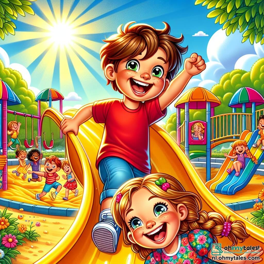 In een grote zonnige speeltuin zijn twee kinderen aan het spelen. Tim, een 7-jarig jongetje met rommelig bruin haar en een rode t-shirt, klimt vrolijk op een gele glijbaan. Lila, een 6-jarig meisje met lange gevlochten blonde haren en een kleurrijke bloemenjurk, staat net achter hem en lacht luid.

Om hen heen is de speeltuin gevuld met felle kleuren: groene schommels, een gouden zandbak waar kinderen kastelen bouwen, en groene bomen die schaduw bieden. De lucht is helderblauw met enkele donzige witte wolken.

De hoofdscène toont Tim en Lila op de top van de glijbaan, klaar om samen te glijden. Ze tellen hardop: "3, 2, 1, glijden!" Hun gezichten stralen van opwinding en geluk, wat de vrolijke geest van de zomervakantie vastlegt.