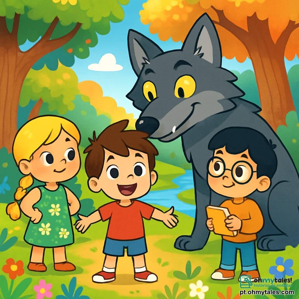 Há 4 personagens: - Lucas: um menino de 5 anos com cabelo castanho bagunçado, vestindo uma camiseta vermelha e um short azul, está no centro, com os braços abertos e um grande sorriso corajoso. - Sofia: uma menina de 5 anos com longos cabelos loiros trançados, vestindo um vestido verde com flores, está à esquerda de Lucas, com as mãos nos quadris, pronta para a aventura. - Miguel: um menino de 5 anos com cabelo preto e óculos redondos, vestido com um suéter laranja e jeans, está à direita de Lucas, segurando um caderno pequeno e observando atentamente o lobo. - O Grande Lobo Mau: um grande lobo cinza com olhos amarelos penetrantes e dentes brancos como pedaços de lua, está atrás das crianças, levemente curvado, com uma expressão curiosa em vez de ameaçadora. O cenário é uma clareira mágica no coração de uma floresta encantada, cercada por árvores majestosas com troncos grossos e folhas brilhando em mil cores sob o sol. Flores multicoloridas cobrem o chão, e um riacho cintilante serpenteia pela clareira, trazendo frescor à atmosfera. A situação principal mostra as crianças diante do Grande Lobo Mau, que lhes propõe um enigma. As crianças têm expressões de determinação e curiosidade, enquanto o lobo, embora grande, parece intrigado e benevolente. A cena transmite uma atmosfera de aventura e magia, onde a amizade e a coragem estão no centro da história.