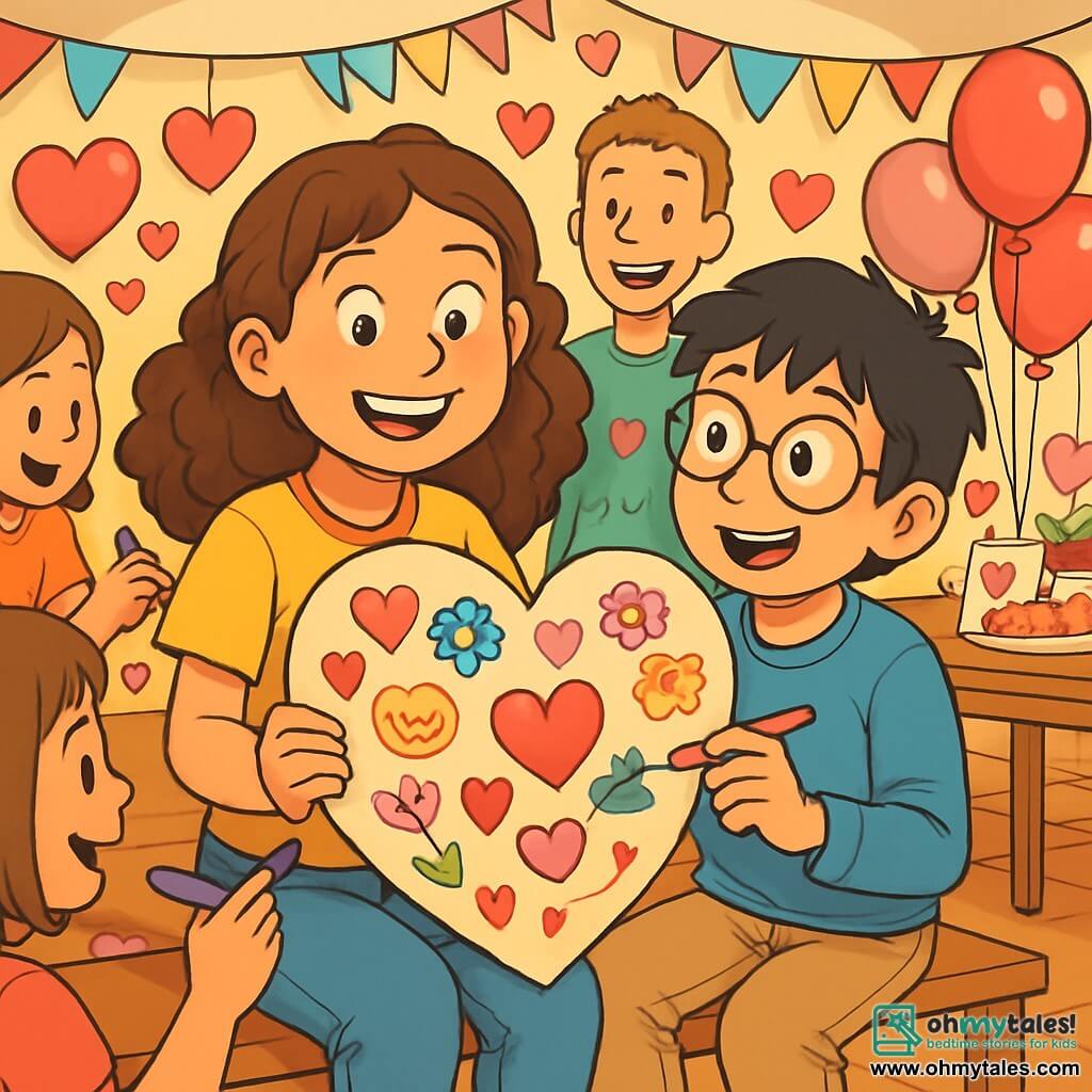 A 12-year-old girl, Ellie, with curly brown hair and sparkling eyes, sits on a wooden bench in a party room decorated with paper hearts and colorful garlands. She smiles enthusiastically, holding a large cardboard heart filled with love messages and drawings. Next to her, Max, a 12-year-old boy with messy black hair and round glasses, admires the heart while holding a colored marker ready to add his own message. They are surrounded by smiling neighbors, all contributing drawings and sweet words to the big heart. The room is filled with pink and red balloons, with tables covered in treats and Valentine's cards, creating a warm and festive atmosphere. The main scene shows Ellie and Max, proud of their creation, bringing the community together in a moment of sharing and happiness.