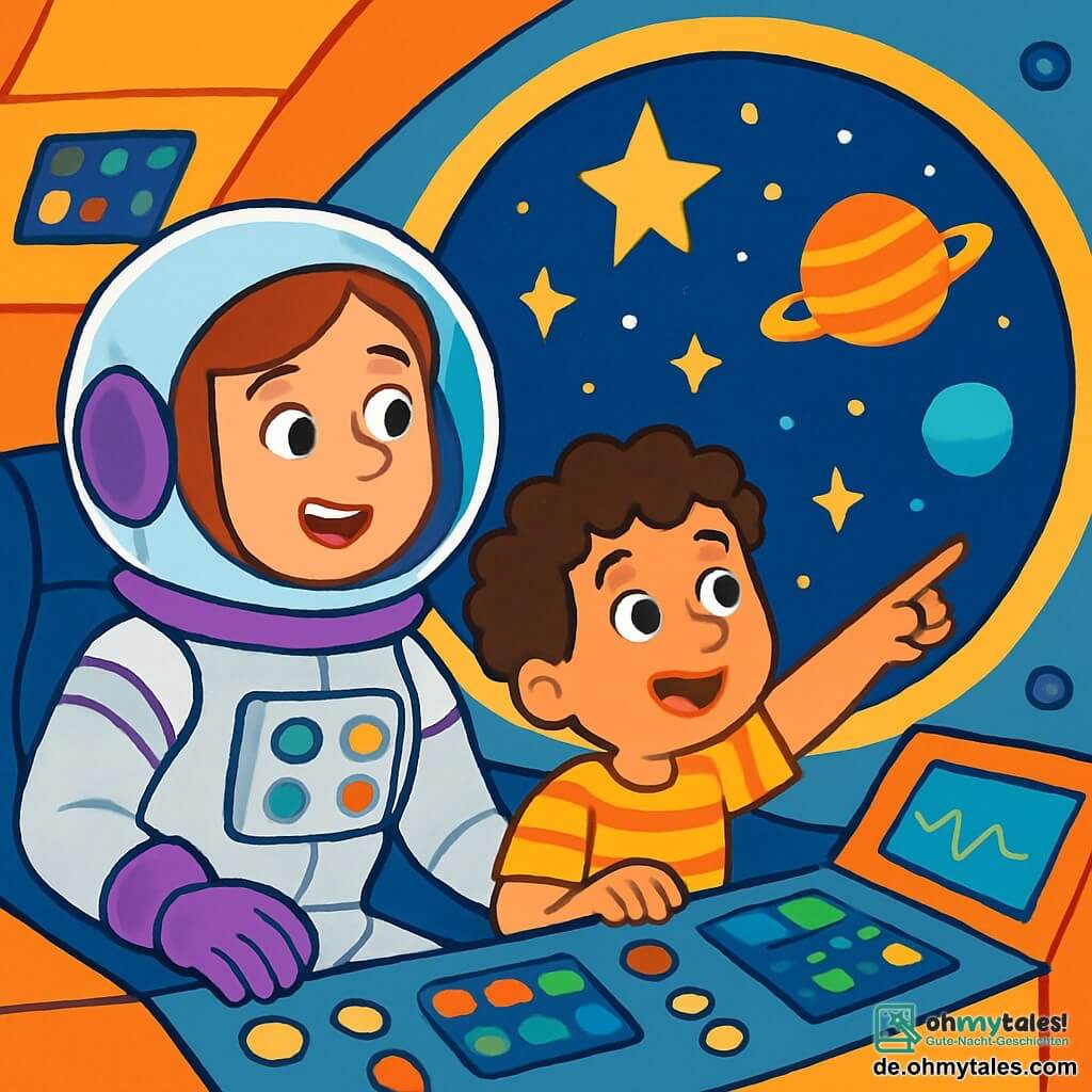 Eine junge Astronautin, Mia, lächelt begeistert in einem glänzenden, bunten silbernen Raumanzug mit lila Details. Sie sitzt in ihrem Cockpit und schaut mit weit aufgerissenen Augen durch ein großes Fenster. Neben ihr zeigt ein 6-jähriges Kind mit lockigen Haaren und einem gestreiften T-Shirt neugierig auf die funkelnden Sterne draußen. Das Cockpit ist mit bunten Knöpfen und leuchtenden Bildschirmen gefüllt, und durch das Fenster sind leuchtende Sterne und bunte Planeten zu sehen. Die Hauptsituation zeigt Mia und das Kind, die das Universum erkunden und von der Schönheit der bunten Sterne und Planeten umgeben sind.