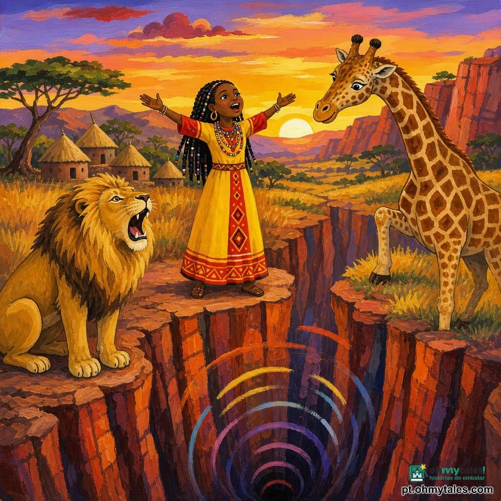 Amina, sorridente e emocionada, cabelos negros trançados com miçangas coloridas, veste um longo vestido amarelo e vermelho, de pé na borda de um precipício com os braços abertos a gritar para o fundo; à esquerda, um leão imponente de pelo dourado sobre uma pedra, olhar benevolente, ruge suavemente; à direita, uma girafa esguia, manchas castanhas e creme, com a pata dianteira numa pequena elevação e a cabeça inclinada como se ouvisse, expressão sábia e curiosa; ao fundo, um pequeno vale africano ao pôr do sol com falésias vermelhas, capim alto dourado, algumas ocas ao longe e céu laranja e violeta; a cena mostra Amina chamando a alegria da borda de um profundo desfiladeiro de paredes estriadas, ecos visíveis como ondas de cor subindo da garganta escura do vale.