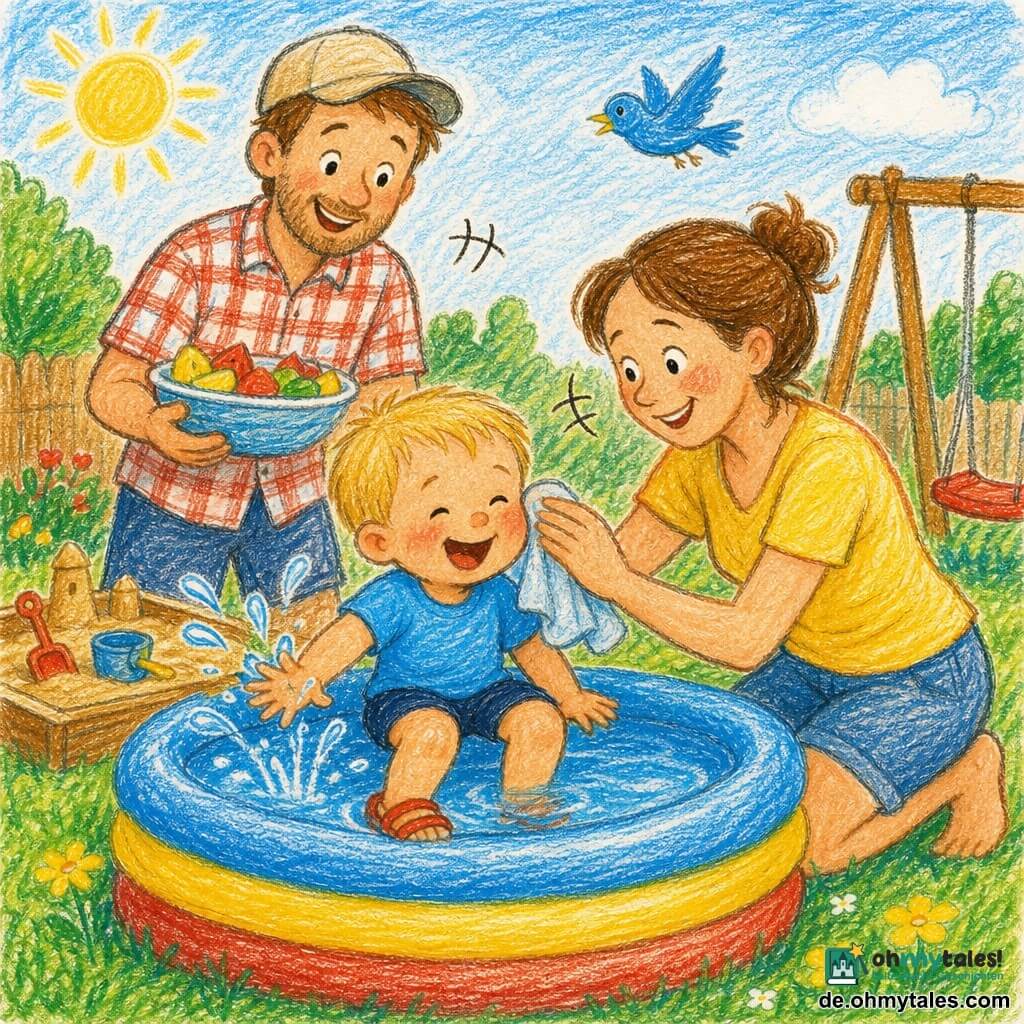 Ein fröhlicher zweijähriger Junge mit kurzen blonden Haaren, rundlichen Wangen, blauem T‑Shirt, pummeligen Beinen und roten Sandalen sitzt mit den Füßen im kleinen aufblasbaren Planschbecken und planscht; rechts kniet eine lächelnde, aufmerksame Frau und wischt ihm mit einem weichen Tuch eine Wassertropfen ab; hinter dem Becken steht ein lächelnder Mann mit leichter Schirmmütze und karierter Hemd, hält eine Schüssel mit geschnittenem Obst; Garten mit grüner Rasenfläche, gelben Blumen, Sandkasten und Holzschaukel im Hintergrund, warme Morgenbeleuchtung, hellblauer Himmel mit stilisiertem Vogel; runde, glänzende, durchscheinende Spritzer, Lachen angedeutet durch kleine gebogene Striche, sanft-sichere Sommerstimmung; Stil: kräftige Bleistiftstriche, leuchtende Farben, leicht unregelmäßige Konturen, sichtbare Papiertextur.