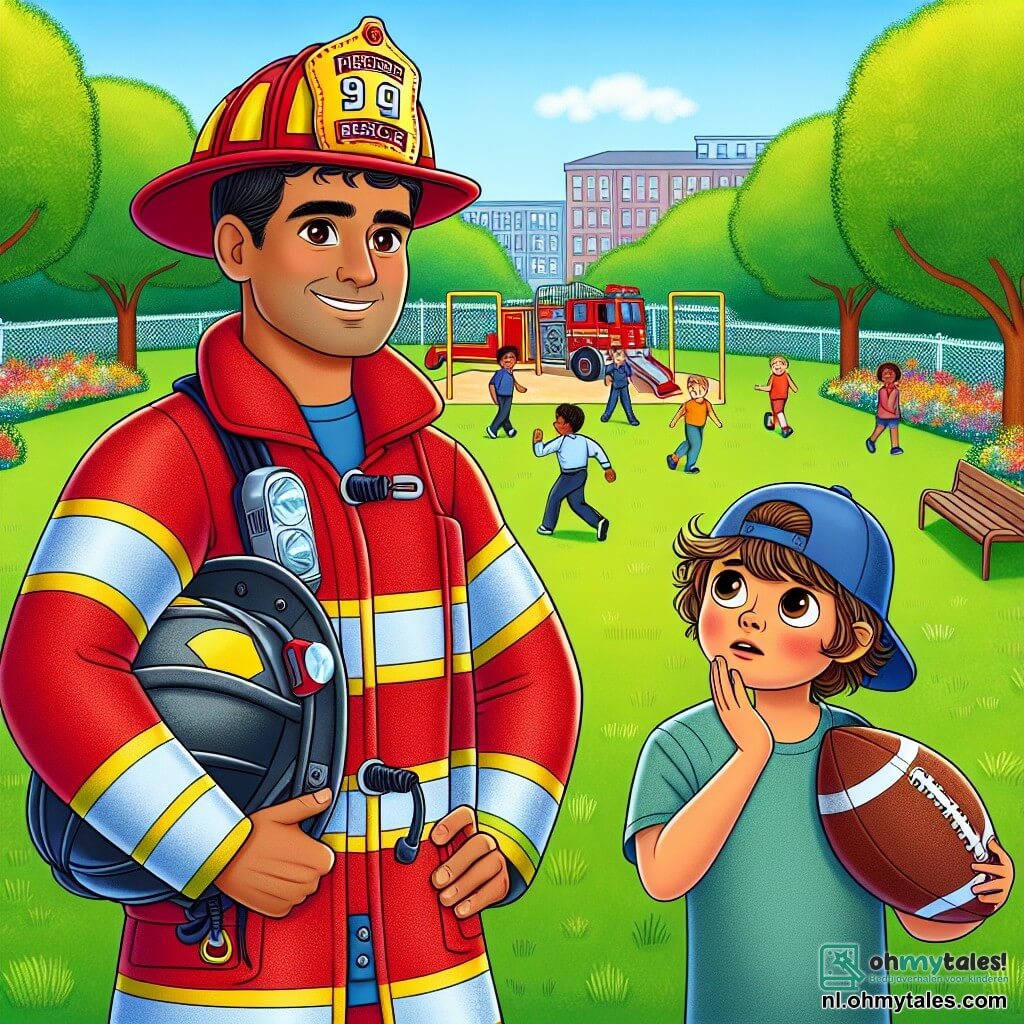 Een man, de brandweerman Tom, staat met een warme glimlach op zijn gezicht, gekleed in een felrode brandweeroutfit met een glanzende helm. Hij heeft bruin haar en ogen die fonkelen van trots, terwijl hij een grote reddingsladder in één hand vasthoudt, klaar om te helpen. Naast hem staat een jongen van ongeveer 8 jaar, met een rommelige blonde haardos en een blauwe pet, die Tom met bewondering aankijkt, met grote ogen van verwondering. Hij houdt een voetbal onder zijn arm en staat een beetje op afstand, alsof hij een vraag aan Tom stelt. Op de achtergrond is er een groen park, verlicht door zonlicht, met majestueuze bomen en een speelplaats waar andere kinderen voetbal spelen. Kleurrijke bloemen sieren het pad, wat een vrolijke toets aan de scène toevoegt. De belangrijkste situatie toont Tom die de kinderen uitlegt hoe hij levens redt als brandweerman, terwijl hij zijn ladder vasthoudt, wat een leerzame en inspirerende sfeer creëert.