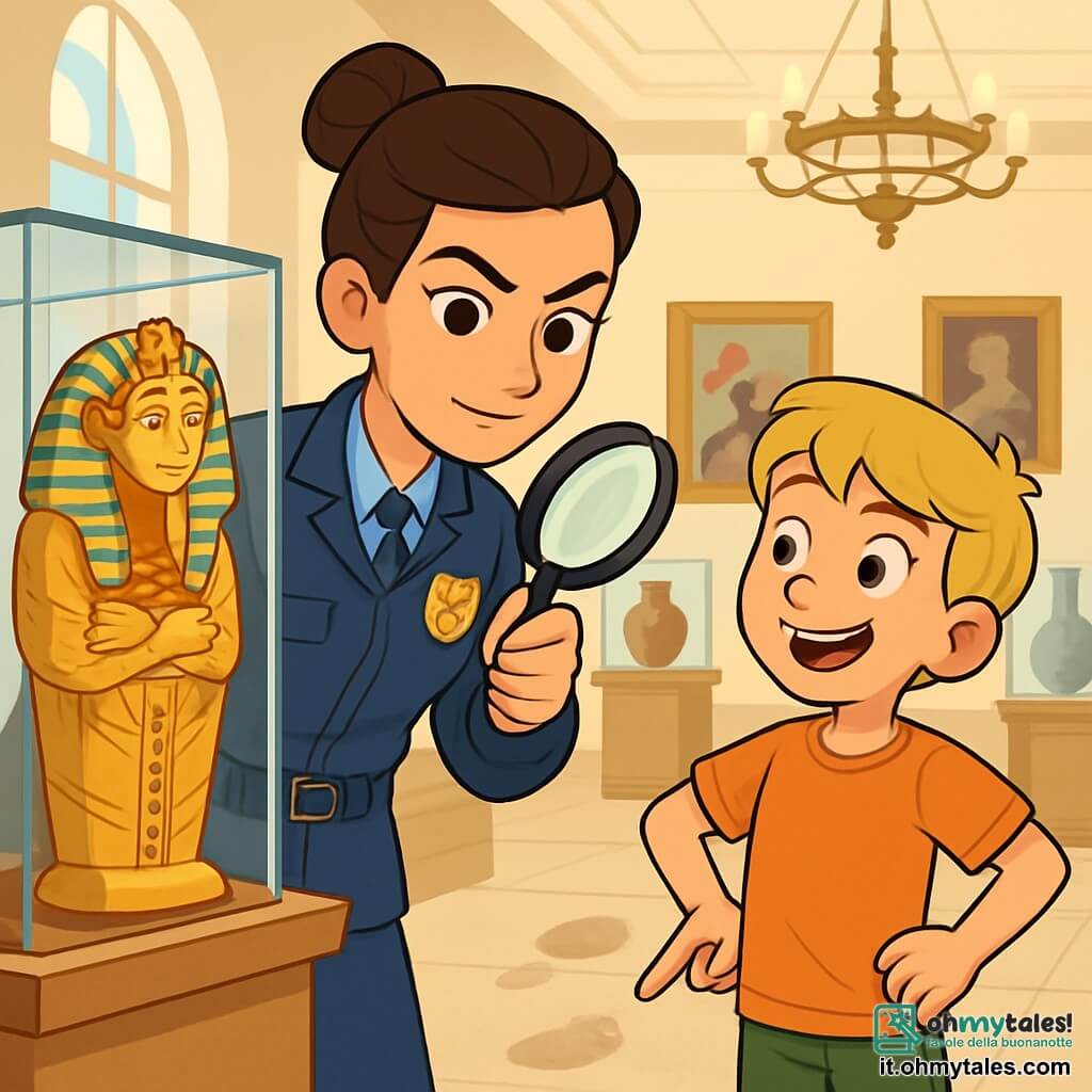 Una detective donna, Clara, di circa 30 anni, con capelli castani raccolti a chignon, indossa una giacca di polizia blu scuro e un distintivo lucente. Ha uno sguardo determinato e sicuro, con un leggero sorriso, mentre esamina attentamente un antico artefatto egiziano in una sala del museo. Accanto a lei, un ragazzo di 10 anni, Marco, con capelli biondi e occhi brillanti, osserva con fascinazione, le mani sui fianchi, pieno di ammirazione per Clara. Il museo è spazioso, con muri bianchi decorati da quadri storici, vetrine in vetro contenenti oggetti antichi e un grande lampadario appeso al soffitto. La luce soffusa del giorno filtra attraverso grandi finestre, creando un'atmosfera calda e accogliente. Clara e Marco sono in piena indagine, Clara tiene una lente d'ingrandimento, scrutando i dettagli dell'artefatto rubato, mentre Marco indica un'impronta di piede nella polvere, con un'espressione eccitata e curiosa.