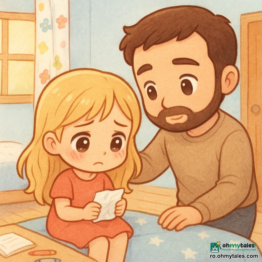 Sunt trei personaje: Maria, fată de ~8 ani cu păr blond până la umeri, obraji înroșiți, ochi mari, șezând pe marginea unui pat într-o cameră luminoasă ținând un bilet mototolit, privirea în jos către tată; tatăl, bărbat ~35 ani, păr brun, barbă scurtă, expresie blândă dar serioasă, stând lângă pat cu o mână pe umărul Mariei pentru a o liniști; prietena Ioana, fată ~8 ani cu păr brun împletit, privire compătimitoare, stând ușor în spate lângă ușă cu mâinile împreunate. Loc: cameră de copil luminoasă cu pereți pastel (albastru pal), fereastră cu perdea cu flori, pat cu pătură cu stele, masă cu creioane și caiet deschis, parchet deschis — atmosferă caldă și intimă. Situație: moment de adevăr — Maria mărturisește că a falsificat semnătura, biletul mototolit e vizibil, rușine pe fața ei, tatăl ascultă cu înțelegere, prietena susține în tăcere; compoziție strânsă, plan apropiat pe fețele celor trei, culori blânde, linii rotunjite și textură acuarelă creion pentru un ton tandru și liniștitor.