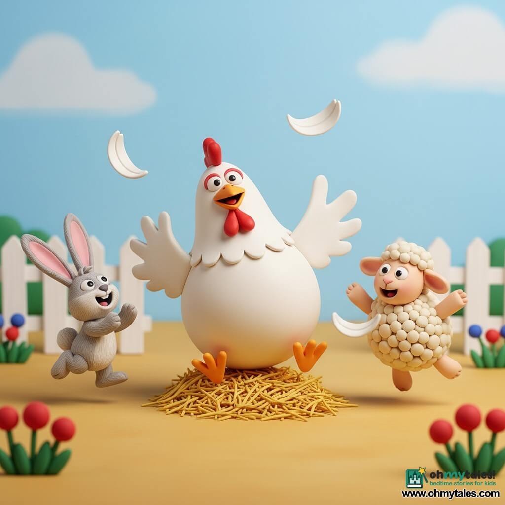 A round plump hen with textured white feathers, a shiny orange beak and expressive round eyes looking joyful and slightly surprised twirls on one leg with wings slightly spread and a few feathers in motion; a small fluffy gray rabbit with large pink ears smiles and hops to the hen’s left, clapping with its paws; a woolly sheep with thick cream curls and a gentle smiling face jumps slightly to the hen’s right, laughing; sunny farmyard setting with ochre dirt, a golden hay pile, a white wooden fence, low red and blue flowers and a light blue sky; the hen slips and gently falls into the small hay pile while her friends laugh and dance around, playful atmosphere, bright colors, rounded shapes and soft lighting with gentle shadows.