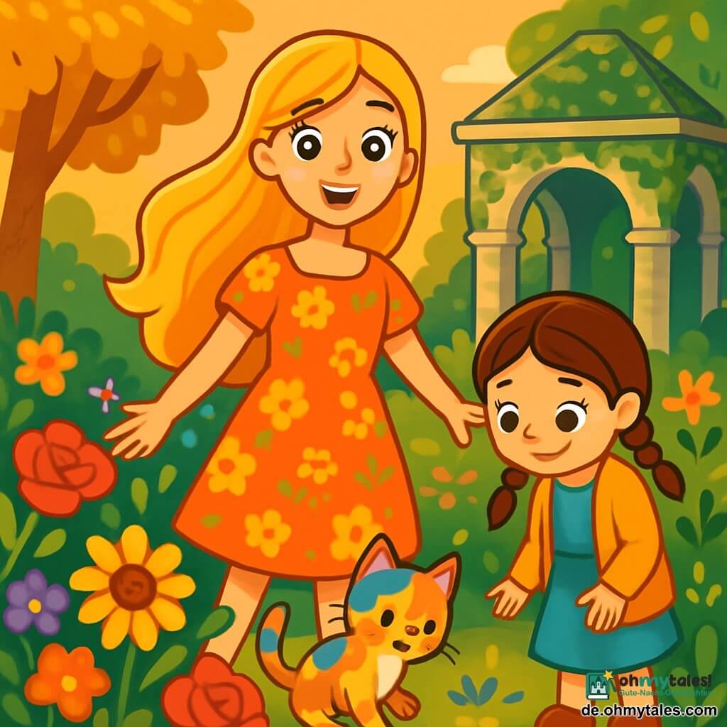 Eine junge Frau namens Mira mit langen, goldenen Haaren, einem warmen Lächeln und leuchtenden Augen steht im Mittelpunkt der Szene, umgeben von bunten Blumen. Sie trägt ein leichtes Kleid mit floralen Mustern und wirkt voller Freude und Entschlossenheit. An ihrer Seite steht Lila, ein 8-jähriges Mädchen mit braunen geflochtenen Haaren und sanften Augen, das neugierig ein buntes Kätzchen betrachtet, das zu ihren Füßen spielt. Lila trägt ein einfaches Kleid und eine Strickjacke, und ihr Gesicht drückt sanfte Verwunderung aus. Im Hintergrund ist der verzauberte Garten mit üppigem Grün, majestätischen Bäumen mit goldenen Blättern und einem alten Pavillon, der mit Efeu bedeckt ist und im goldenen Licht der untergehenden Sonne badet. Bunte Blumen wie Rosen und Sonnenblumen tanzen sanft im Wind. Die Szene stellt den magischen Moment dar, in dem Mira und Lila das Kätzchen im Pavillon entdecken, was die Geburt von Freundschaft und Mut in einer märchenhaften Umgebung symbolisiert.