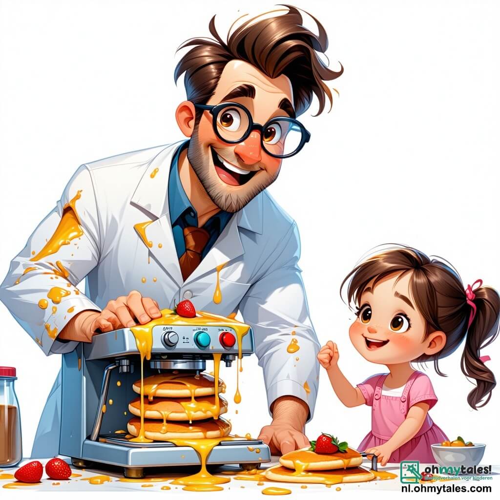 Een man, professor Pannenkoek, staat in het midden van de afbeelding, met tousled haar en ronde brillen die van zijn neus glijden. Hij draagt een witte schort die besmeurd is met pannenkoekbeslag en heeft een grote glimlach van opwinding op zijn gezicht terwijl hij de kleurrijke knoppen van zijn pannenkoekenmachine aanpast. Naast hem kijkt een klein meisje van ongeveer 8 jaar met krullend haar en een bloemenjurk met verwonderde ogen naar de machine. Een 10-jarig jongetje met een achterstevoren pet en een gestreept t-shirt staat iets verder weg, lachend en wijzend naar een pannenkoek die door de lucht vliegt. De achtergrond toont een zonnige tuin vol kleurrijke bloemen en vreemde planten die lijken te dansen in de wind. Op de achtergrond is een huis met gele en blauwe muren te zien, met een houten deur versierd met grappige patronen. De hoofdscène toont professor Pannenkoek die een pannenkoek de lucht in gooit met zijn machine, terwijl deze vrolijk omhoog vliegt, wat een feestelijke en lachende sfeer creëert.