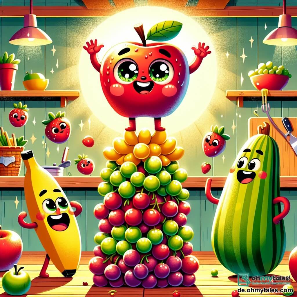 In der Mitte des Bildes steht ein fröhlicher, leuchtend roter Apfel namens Anton, mit funkelnden Augen und einem großen Lächeln, stolz auf der Spitze eines instabilen Obstturms, die Arme zum Sieg erhoben. Neben ihm jongliert eine gelbe Banane mit kleinen Trauben, während eine grüne Melone mit entschlossenem Blick die Basis des Turms mit ihren muskulösen Armen stützt. Die Szene spielt in einer hellen Küche mit lebendigen Farben: einer großen Holzarbeitsplatte, glänzendem Küchengerät und einer Sonne, die durch ein Fenster strahlt und die Szenerie erhellt. Anton und seine Freunde feiern gemeinsam ihren unglaublichen Erfolg, nachdem sie einen beeindruckenden und bunten „Frucht-Turm“ von einem Meter Höhe gebaut haben, der die Schwerkraft und Logik herausfordert und dabei Spaß haben.