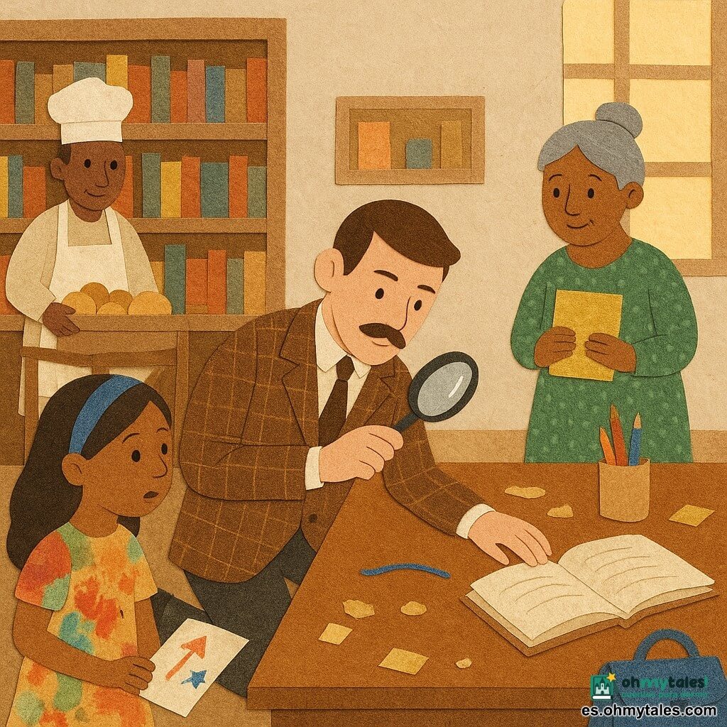 Un detective adulto con bigote, chaqueta marrón a cuadros, arrodillado con una pequeña lupa examinando una fibra azul en el suelo; a su derecha, algo retirado, una bibliotecaria de unos 50 años con moño gris y vestido verde estampado sostiene con suavidad el Marcador de Oro brillante; cerca de la esquina izquierda de la mesa, Lila, niña de 9 años con vestido colorido manchado de cola y una amplia cinta azul en el pelo, mira sosteniendo una hoja decorada; al fondo, el panadero Don Ramiro, de unos 60 años, con delantal blanco manchado de harina y una caja abierta de bollos con migas visibles, junto a un carro de provisiones; biblioteca interior con grandes estanterías de madera llenas de libros ilustrados, una gran ventana con un rayo de sol, mesa central con libro de firmas abierto, lápices en un bote, migas de pastel, papeles de colores y una pequeña bolsa de tela azul en el suelo; momento de descubrimiento apacible: el mensajero no aparece pero el Marcador de Oro acaba de ser devuelto y el detective examina las pistas (fibra azul, miga de bollo); composición clara, colores cálidos, texturas de papel recortado y contrastes marcados entre oro brillante, azul textil y migas blancas.