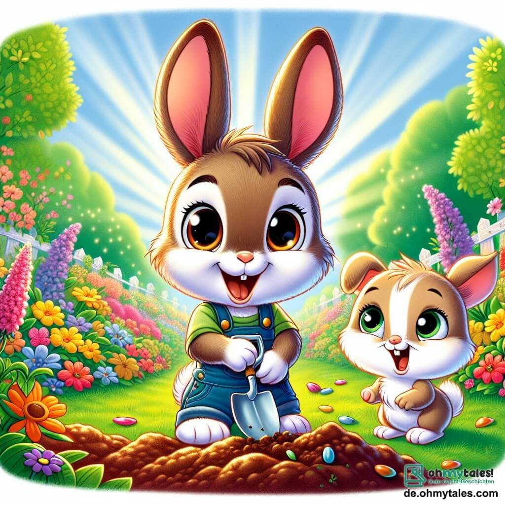 Ein kleiner Hase namens Felix mit weichem, braunem Fell, großen, ausdrucksvollen Ohren und funkelnden, freudigen Augen pflanzt Samen in einem bunten Garten. Er lächelt breit, voller Aufregung und Neugier, mit einer kleinen Schaufel in seinen Pfoten. Neben ihm schaut sein Bruder Max, ein junger Hase mit hellem Fell und runden Wangen, bewundernd mit weit aufgerissenen Augen und hält einen kleinen Blumenstängel. Im Hintergrund beobachtet eine liebevolle und fürsorgliche Hasenmutter stolz mit verschränkten Armen und einem warmen Lächeln auf dem Gesicht. Der Garten ist voller leuchtender Blumen in lebhaften Farben, üppigem Grün und Sonnenstrahlen, die durch die Bäume filtern und eine fröhliche, frühlingshafte Atmosphäre schaffen. Die Szene zeigt Felix und Max, die die Magie des Gärtnerns entdecken, umgeben von der Schönheit des Frühlings.