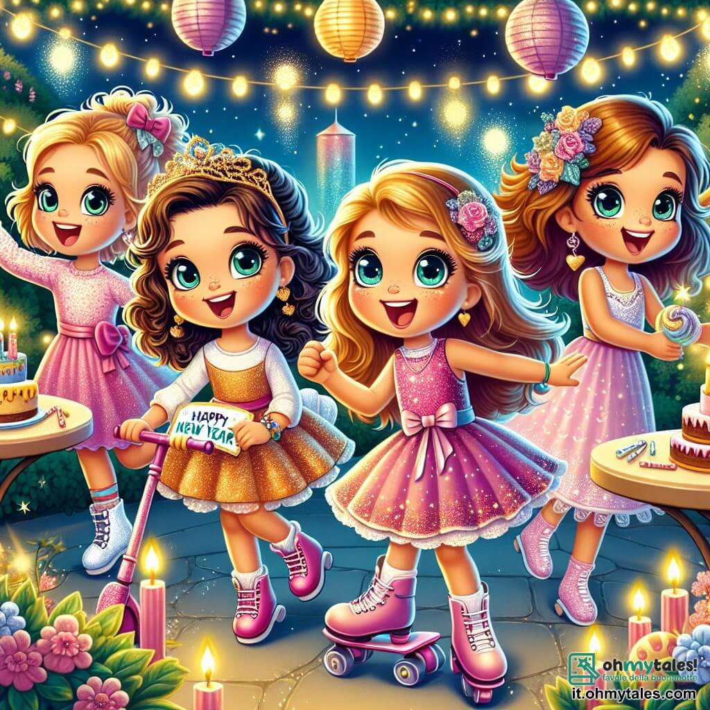 Quattro ragazze felici si trovano al centro di un giardino illuminato da lanterne colorate. Sofia, una bambina di sette anni con capelli castani e ricci, sorride ampiamente mentre tiene un grande cartello "Buon Anno!" decorato con paillettes. Alla sua destra, Giulia, anch'essa di sette anni, ha i capelli biondi e indossa un vestito rosa, danza con entusiasmo al ritmo della musica. A sinistra, Marta, una bambina di sette anni con capelli castani e occhiali, racconta una storia gesticolando con mani espressive. Infine, Chiara, una bambina di sette anni con capelli neri e lisci, è sulla sua trottinette, pronta a mostrare i suoi talenti. Il giardino è decorato con ghirlande luminose e tavoli pieni di dolci. Le stelle brillano nel cielo notturno, aggiungendo un tocco magico all'atmosfera. Le ragazze stanno celebrando il Capodanno, circondate dalle loro famiglie, ridendo e ballando insieme, mentre un fuoco d'artificio esplode nel cielo, illuminando i loro volti felici.