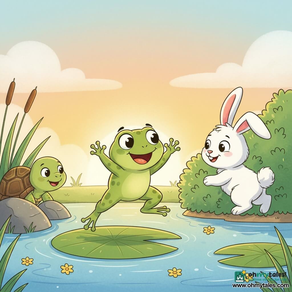 A small green frog named Freddy, joyful and surprised with round shiny eyes and smooth skin with light spots, jumping off a large lily pad laughing; Tilly the turtle, small brown-green striped shell, shy and smiling, partially hidden behind a large rock on the left with her head just peeking; Benny the rabbit, soft white with large pink ears, playful, hiding behind a dense bush on the right with his pompom tail visible; sunny pond setting with sparkling water, lily pads, yellow flowers, a rounded rock, a bush and reeds, sunset sky; main scene: a joyful game of hide-and-seek as Freddy discovers Benny wriggling behind the bush, bright expressions and motion, warm playful mood; colorful style, simple lines and clean outlines, bright palette suitable for toddlers.