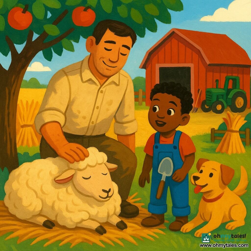 Tom, a warm, serene man with work-worn hands and a slight smile, wearing a dirty beige flannel shirt and canvas trousers, gently rests a hand on a lying sheep while looking at her kindly; an about-8-year-old boy with short curly hair and a look of wonder, in blue overalls, stands to Tom's right holding a small seed shovel and watching the sheep; a golden female dog named Poppy lies near their feet, alert and wagging her tail; the sheep Daisy, cream-colored wool slightly tangled, lies on a straw mattress under a shady apple tree, eyes half-closed and breathing calmly; the scene is at the edge of a golden wheat field with tied sheaves near an open red wooden barn, an old wooden fence, clear blue sky with a few white clouds, hay and tools by a shiny green tractor, evoking the calm late-afternoon light after the harvest, warm sunset glow gilding the sheaves and long shadows, composition centered on Tom's protective gesture, the curious boy, and the reassured sheep.