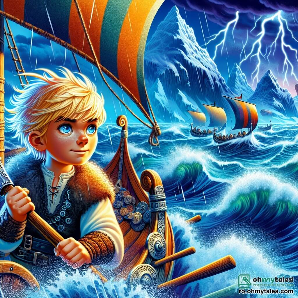 Un tânăr viking pe nume Eirik, în vârstă de aproximativ 12 ani, stă pe prova drakkarului său, cu părul blond zbârlit și ochii strălucind de determinare. Fața lui este marcată de o expresie de curaj și excitație, în timp ce mânuie o mică secure din lemn, pregătit să înfrunte necunoscutul. Lângă el, tatăl său Olaf, un bărbat robust de aproximativ 40 de ani, cu o barbă lungă albă și ochi înțelepți, observă orizontul cu o expresie îngrijorată, ținându-se ferm de timonă. Drakkarul navighează pe ape tumultoase, înconjurat de valuri furioase și ceață argintie, în timp ce munți acoperiți de zăpadă se ridică măreț în fundal, sub un cer furtunos. Fulgerul luminează scena, adăugând o atmosferă dramatică. Eirik, stând pe drakkar, este pregătit să înfrunte furtuna care se profilează la orizont, simbolizând călătoria sa curajoasă spre necunoscut și aventurile care îl așteaptă.