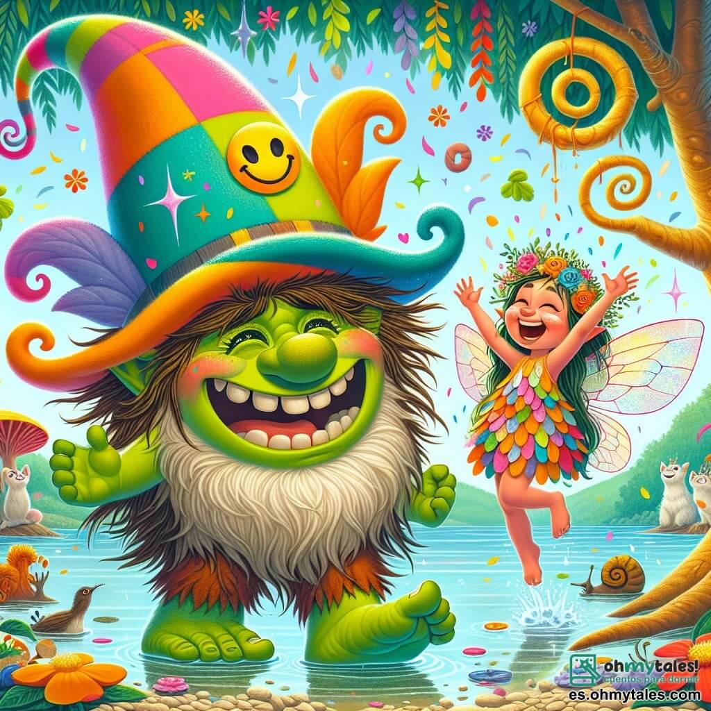 Un troll alegre llamado Trolito, con piel verde y cabello desordenado de color marrón, lleva un gran sombrero mágico adornado con colores vivos. Sonríe ampliamente, con sus ojos brillando de felicidad, mientras sostiene un pastel en forma de sonrisa en sus manos. A su lado, Lulú, una pequeña duende de cabello dorado y alas brillantes, baila con entusiasmo, vestida con un vestido colorido hecho de pétalos de flores. El decorado está al borde del Lago de los Peces Chistosos, donde el agua brilla bajo el sol, rodeada de flores multicolores que parecen cantar. Árboles con troncos en espiral y hojas en forma de corazón añaden un toque mágico al entorno. La escena muestra a Trolito y Lulú riendo juntos, rodeados de animales divertidos, mientras un pez gigante salpica el agua al saltar, creando un ambiente festivo y colorido.