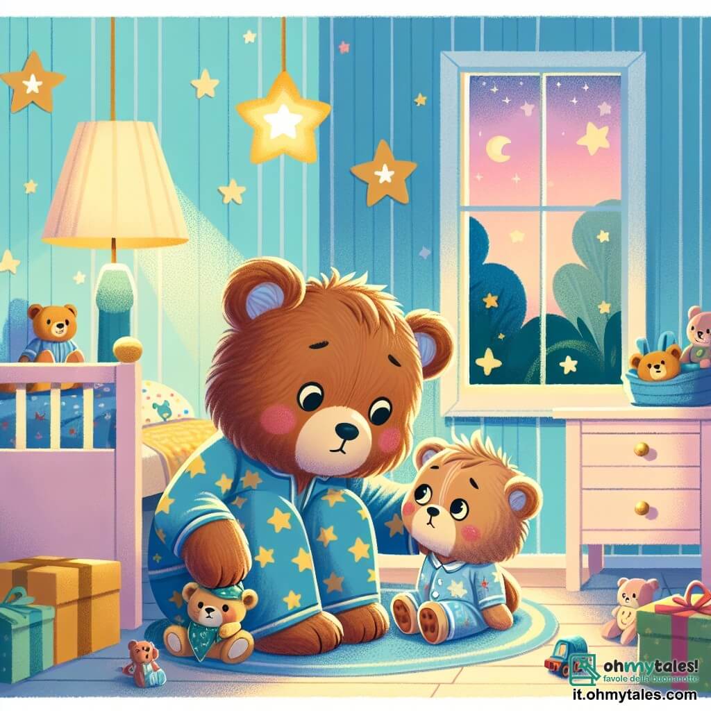 Un piccolo orsetto di peluche di nome Leo, con un morbido pelo marrone e occhi rotondi e brillanti, è seduto sul suo letto, apparendo preoccupato e curioso. Indossa un pigiama blu decorato con stelle gialle, stringendo forte il suo orsetto di stoffa contro il petto. Accanto a lui, la sua mamma orsa, alta e calorosa, con un pelo più chiaro e un sorriso rassicurante, si accovaccia vicino al suo letto, con un'espressione affettuosa e protettiva. Gli accarezza dolcemente la testa, offrendogli conforto e sicurezza. La scena si svolge in una piccola cameretta accogliente, con pareti dipinte di blu pastello, una lampada a forma di stella che illumina dolcemente e giocattoli sparsi sul pavimento. Leo e la sua mamma esaminano insieme la stanza, cercando di dissipare le paure dell'orsetto. La luce soffusa crea un'atmosfera calda, mentre l'ombra dei mobili danza sulle pareti, rendendo la stanza sia familiare che magica.
