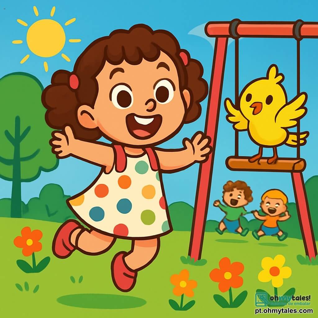 Uma menina de 4 anos, com cabelos cacheados e suspensórios rosas, salta alegremente, seu rosto radiante de excitação e determinação. Ela usa um vestido de bolinhas coloridas e seus olhos brilham de entusiasmo. Ao lado dela, um pequeno pássaro amarelo chamado Tito, com penas brilhantes, a incentiva batendo as asas, empoleirado em um balanço de madeira. Ao fundo, um parque ensolarado com árvores verdes, flores coloridas e um céu azul vivo, onde crianças brincam e riem. A cena principal mostra Lila pronta para enfrentar o desafio de pular tão alto quanto um coelhinho, com um grande sorriso no rosto, cercada por uma atmosfera alegre e lúdica.