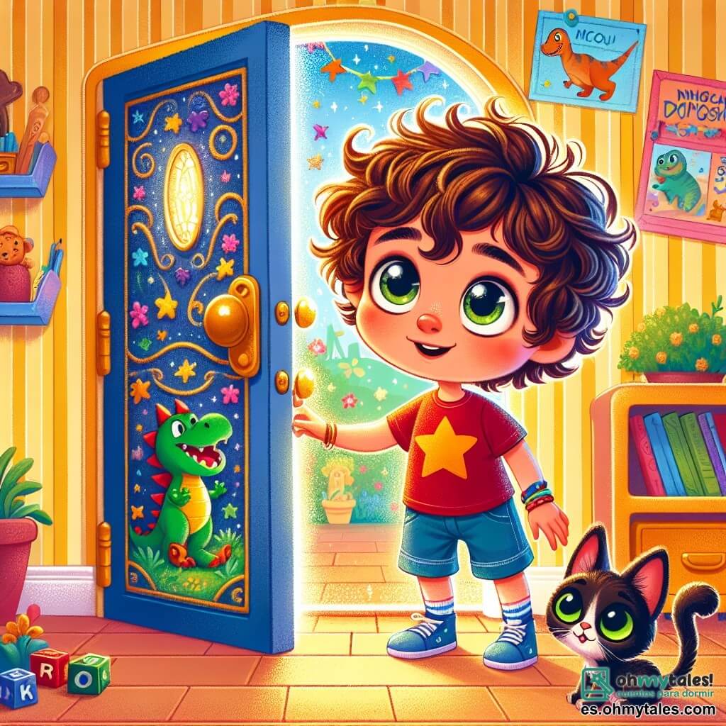 Un niño de 4 años, Lucas, con cabello castaño y rizado, grandes ojos llenos de curiosidad, se encuentra frente a una puerta mágica. Lleva una camiseta roja con estrellas y un pantalón corto azul, y su rostro expresa emoción y un poco de nerviosismo. A su lado, un pequeño gato negro con ojos verdes, llamado Minou, observa la puerta con curiosidad, con las orejas en alto. El ambiente es una habitación infantil alegre, con paredes pintadas de amarillo, juguetes esparcidos por el suelo y pósters de dinosaurios colgados. La puerta, pequeña y brillante, está adornada con motivos coloridos y brillantes, emitiendo una suave luz. Lucas, con una sonrisa maravillada, extiende la mano para tocar la puerta, listo para descubrir las aventuras que le esperan detrás.