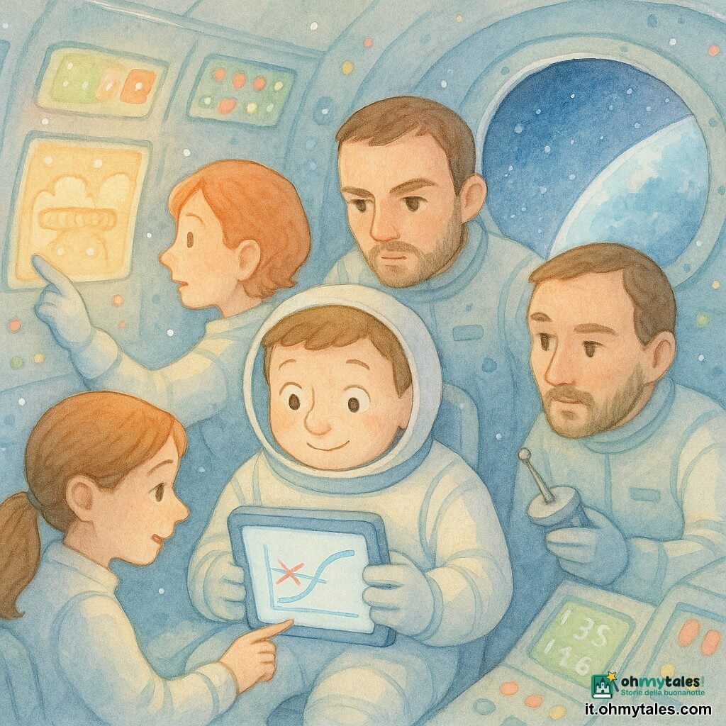 Un uomo astronauta dal viso rotondo e sorriso timido, occhi curiosi, veste una tuta spaziale bianca con cuciture blu e tiene una tavoletta con una traiettoria disegnata in blu mentre la osserva; a sinistra Nina (circa 30 anni), viso calmo e capelli corti rossi, indica con una mano guantata lo schermo mostrando i motori vicino a un pannello luminoso; a destra Luca (circa 32 anni), serio e con barba corta, tiene un’antenna miniatura e guarda i grafici, leggermente inclinato verso l’astronauta; davanti a lui Anna (circa 28 anni), sorriso dolce e capelli raccolti, seduta a una console mostra con uno stilo i numeri sullo schermo; interno di una cabina spaziale arrotondata con pareti metalliche blu pallido, pulsanti colorati, schermi rettangolari con linee e numeri, luci lampeggianti e un oblò che mostra un angolo di Terra blu; situazione collaborativa e rassicurante: il team corregge insieme la traiettoria blu sulla tavoletta, si vede una piccola linea rossa cancellata e sostituita da una curva morbida, gesti calmi e sguardi concentrati.