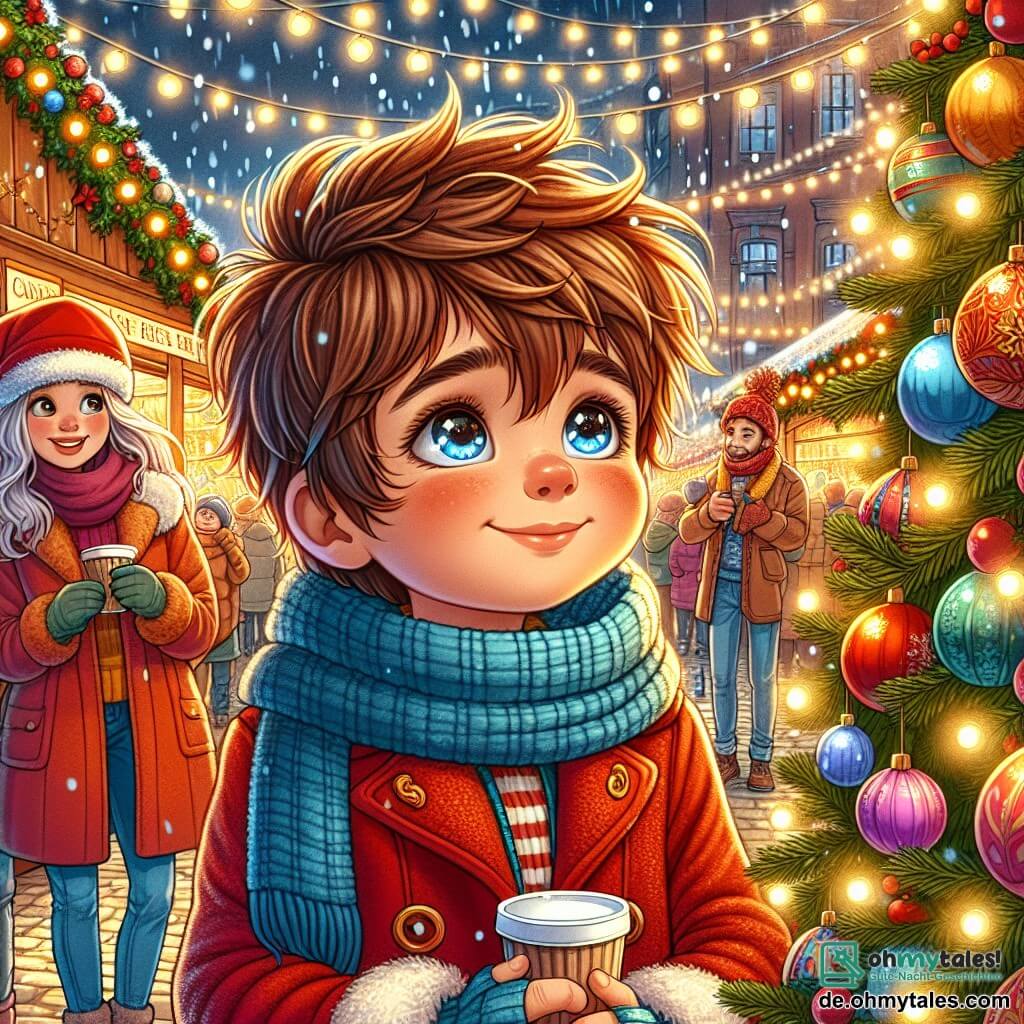 Ein kleiner Junge von 3 Jahren, Max, mit zerzausten kastanienbraunen Haaren und roten Wangen, schaut mit Staunen einen großen Weihnachtsbaum an, der mit funkelnden Lichtern und bunten Kugeln dekoriert ist. Er trägt einen leuchtend roten Mantel und einen blauen Schal, seine Augen strahlen vor Freude und Aufregung. Neben ihm steht seine Mama, eine Frau in ihren Dreißigern mit langen braunen Haaren und einem warmen Lächeln, die eine Tasse heiße Schokolade hält und ihren Sohn liebevoll beobachtet. Sein Papa, ein Mann in seinen Dreißigern mit einem leichten Bart und einer Weihnachtsmütze, macht ein Foto von Max vor dem Baum und lacht fröhlich. Der Ort ist ein lebhafter Weihnachtsmarkt, gefüllt mit Holzständen, die mit Lichtern geschmückt sind, sanft fallenden Schneeflocken und lächelnden Familien, die spazieren gehen. Die Luft ist erfüllt von Gerüchen nach Lebkuchen und heißen Maronen. Die Hauptsituation zeigt Max, der begeistert die Arme in die Luft hebt, als wollte er die funkelnden Sterne am Nachthimmel fangen, während ihn seine Familie umgibt und diesen magischen Weihnachtsmoment teilt.