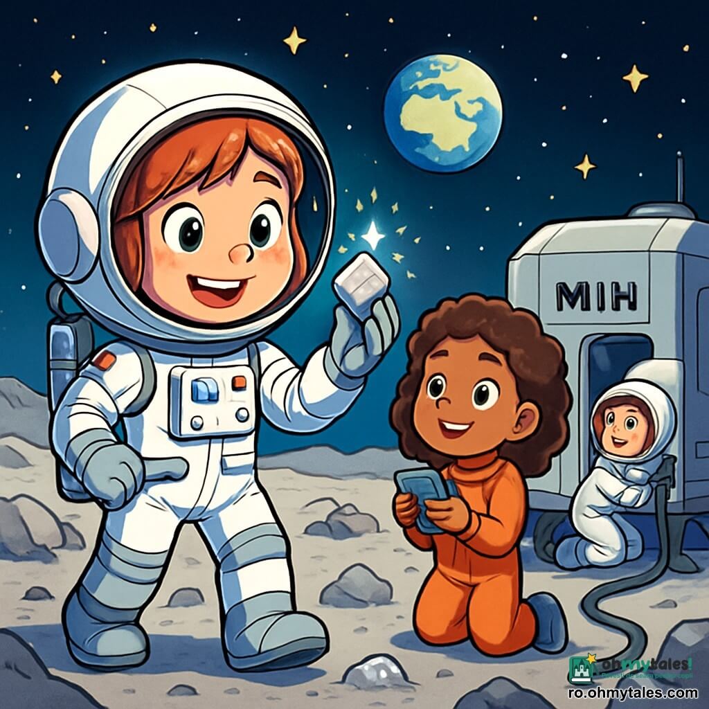 O tânără astronaută, Mia, stă pe suprafața lunară, îmbrăcată într-un costum spațial alb și argintiu, cu o cască strălucitoare care reflectă stelele. Fața ei este luminată de un zâmbet uimit, iar ochii îi strălucesc de curiozitate și excitație în timp ce ține în mână o piatră lunară strălucitoare. Aproape de ea, cea mai bună prietenă, Zoe, o fetiță de 10 ani cu părul creț și brun, o observă cu admirație, ținând un mic aparat de comunicație, pregătită să o ajute. Peisajul lunar este spectaculos, cu un sol gri și prăfuit presărat cu cratere și roci strălucitoare sub un cer negru plin de stele, unde Pământul apare ca o bilă albastră luminoasă. Situația principală o arată pe Mia reparând un cablu pe un laborator lunar, înconjurată de lumini intermitente și panouri tehnologice, în timp ce zâmbește mândră, pregătită să facă față provocării.
