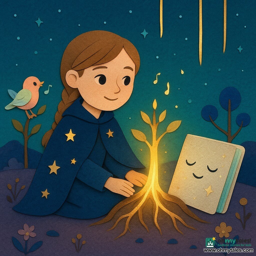 Main character: Mira, a young adult woman with a round gentle face, light brown braided hair, brave tender expression and bright eyes, kneeling with palms on the roots of a small lighthouse-tree that emits golden threads of light; secondary characters: the Atlas, a living pearlescent-textured book with glittering letters and turquoise halo, leaning like a protective friend, and a dream bird the size of an apple with pastel pink and mint plumage and translucent paper-like wings perched nearby, singing visible glowing bubble-notes; setting: a small round moon with purple chalky ground, meteor gardens with metallic flowers, mini lamp-post trees with unlit bulbs, a turquoise-to-indigo sky sprinkled with star-stones and suspended luminous ribbons; main action: Mira reignites the lighthouse-tree by touching its roots, golden threads weaving to mend the magical ribbons; composition and style: close-up centered on Mira and the tree, collage-like cut-paper textures with crisp layered edges, soft palette of midnight blue, turquoise, violet, gold and pastel pink, gentle light from the threads, warm, magical, reassuring, poetically childlike atmosphere.