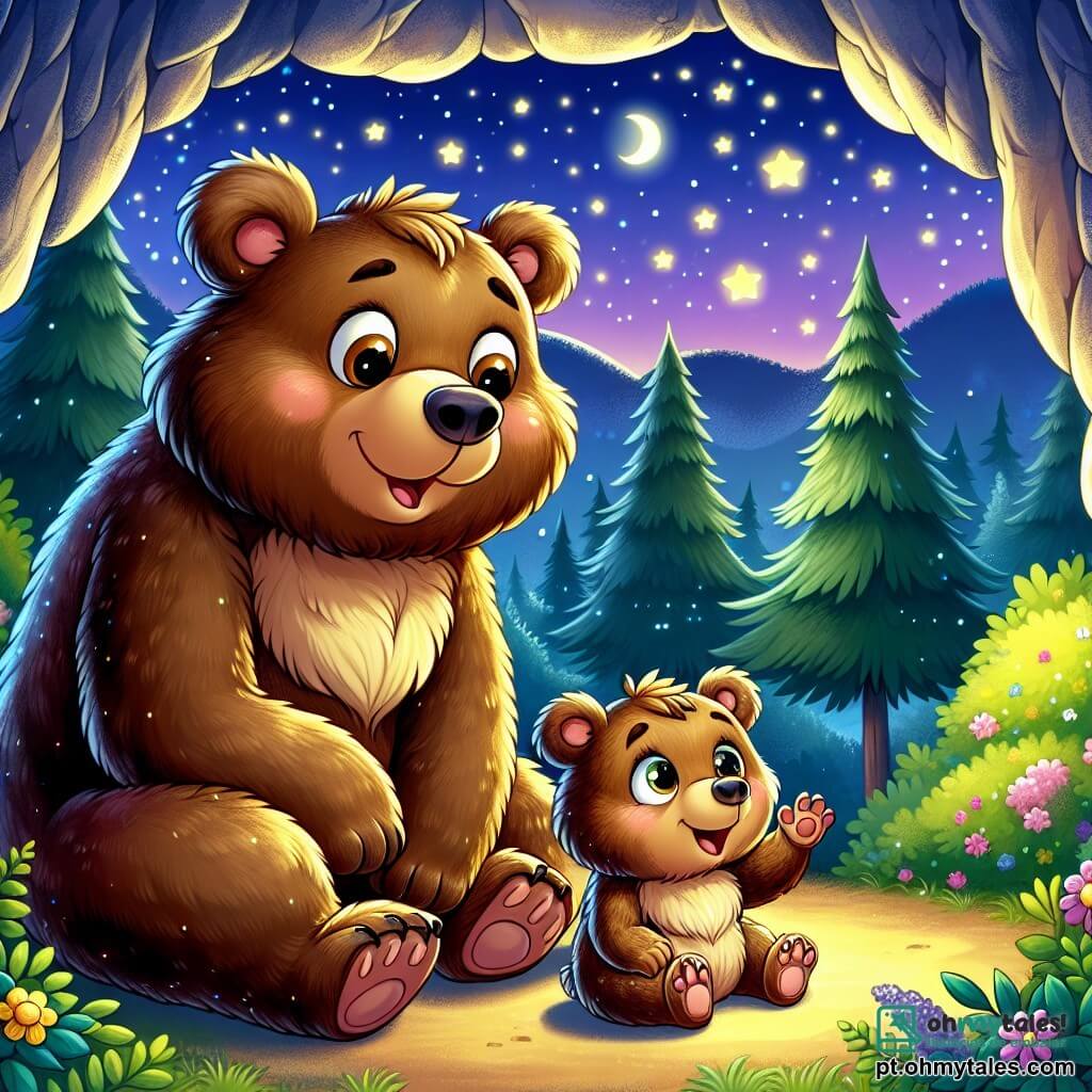 Um pequeno urso pardo, chamado Tico, com pelagem macia e olhos redondos e curiosos, está sentado na entrada de sua caverna, exibindo uma expressão de surpresa e excitação. Ele observa atentamente a floresta noturna, com as orelhas em pé e o nariz pequeno tremendo. Ao lado dele, sua mamãe urso, grande e protetora, com pelagem mais escura e olhos calorosos, sorri ternamente, sentada sobre as patas traseiras. Ela lhe mostra as estrelas cintilantes no céu, compartilhando um momento de cumplicidade. A cena acontece em uma floresta mágica, onde árvores majestosas se erguem sob um céu estrelado, iluminado pela lua brilhante. Flores coloridas e arbustos verdejantes cercam a caverna, criando uma atmosfera pacífica e acolhedora. Tico e sua mamãe urso descobrem juntos os sons misteriosos da noite, transformando o medo em curiosidade e encantamento.