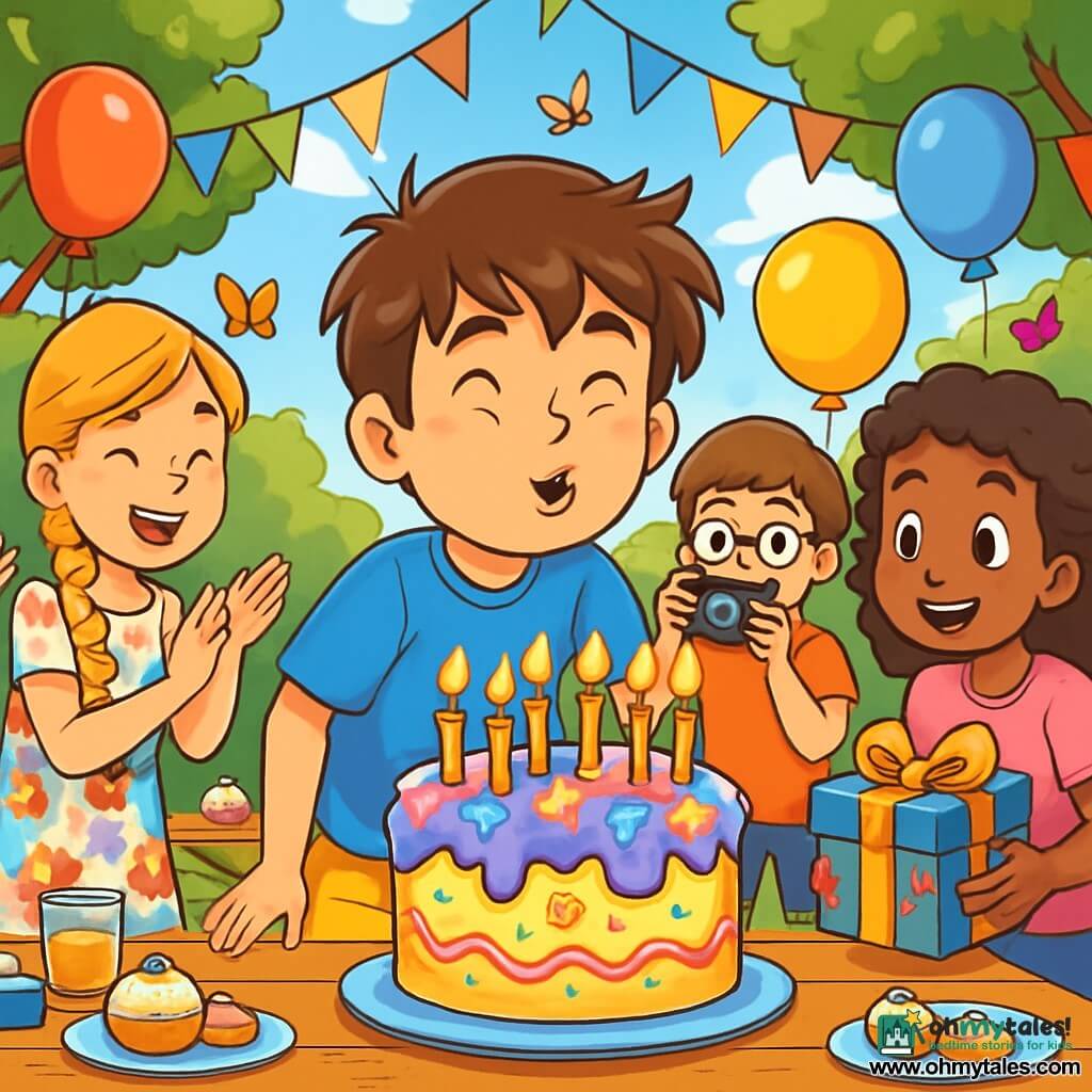 A 12-year-old boy named Oliver stands at the center of the scene, with a big, radiant smile on his face. He has messy brown hair and wears a bright blue t-shirt and yellow shorts. His eyes sparkle with excitement as he blows out twelve candles on a giant birthday cake decorated with colorful frosting and small sugar stars. To his right, Sarah, an 11-year-old girl with long braided blonde hair, enthusiastically claps, dressed in a colorful floral dress. To his left, Jake, a 12-year-old boy with brown hair and round glasses, holds a camera, ready to capture this magical moment. Finally, Mia, an 11-year-old girl with curly hair and a pink t-shirt, leans forward, her eyes wide with joy, holding a colorful gift in her hands. The scene takes place in Oliver's garden, decorated with colorful balloons floating in the air and shimmering garlands hanging from the trees. Picnic tables are scattered with cakes, drinks, and games. The main situation shows Oliver surrounded by his friends, all laughing and celebrating together, as a gentle breeze makes the balloons dance and colorful butterflies flutter around them, adding a touch of magic to this unforgettable birthday party.