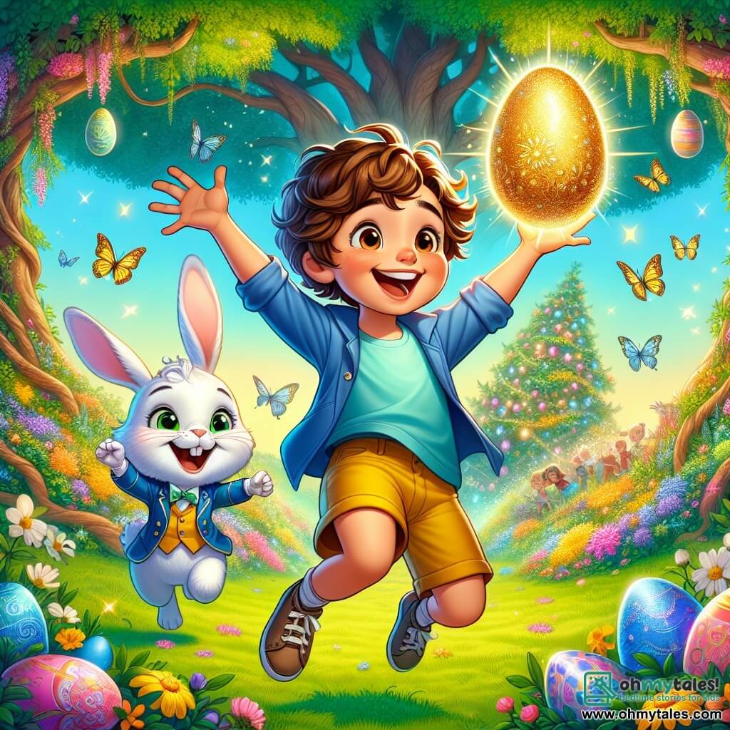 An 8-year-old boy named Oliver, with curly brown hair and a big smile, stands in the center of a magical garden, arms raised in victory after finding a shining golden egg. He wears a blue t-shirt and yellow shorts, and his face radiates excitement and joy. Next to him, a small white rabbit named Mr. Whiskers, dressed in a blue jacket, joyfully hops, his large ears upright and his eyes sparkling with mischief, slightly behind Oliver, looking at him proudly. In the background, the garden is filled with colorful flowers with shimmering petals, butterflies fluttering in the air, and brightly patterned Easter eggs hidden among the lush bushes. A majestic oak tree stands in the center, its extended branches providing soft shade. The main scene shows Oliver discovering a sparkling golden egg under a bush, surrounded by an enchanted atmosphere where the magic of Easter comes to life with bursts of light and vibrant colors.