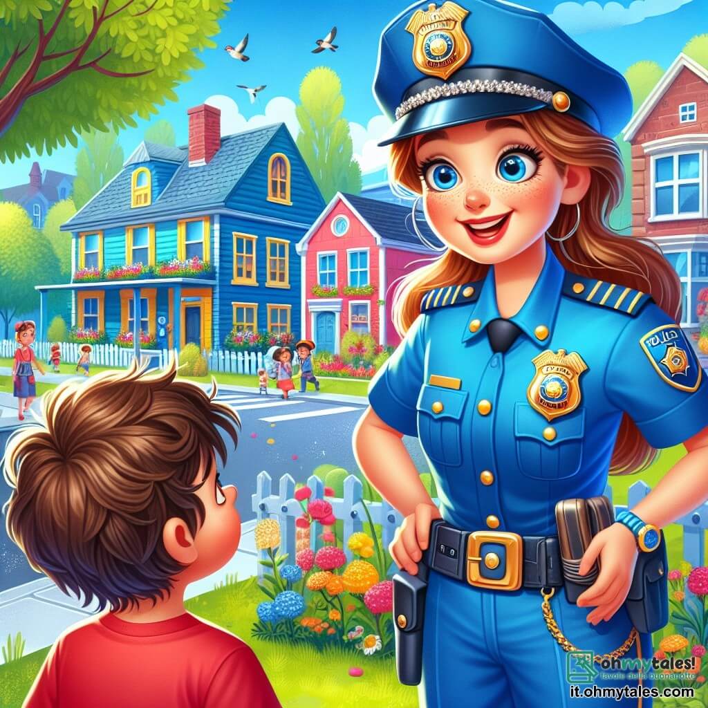 Una giovane poliziotta, Sara, è in piedi con un grande sorriso sul viso, indossando un uniforme blu brillante e un berretto lucido. I suoi occhi brillano di gioia e determinazione mentre saluta i residenti del quartiere. Accanto a lei, un ragazzo curioso di nome Luca, di 6 anni, con i capelli castani in disordine e una maglietta rossa, la osserva con ammirazione, le mani sui fianchi, in piedi sul marciapiede. La scena si svolge in una strada animata, fiancheggiata da case colorate con giardini fioriti, dove i bambini giocano e gli uccelli cantano. Sullo sfondo, un maestoso albero offre ombra, e un piccolo cane gioca nell'erba. Sara spiega a Luca cosa significa essere poliziotta, mentre lui la ascolta attentamente, con gli occhi spalancati dalla curiosità.