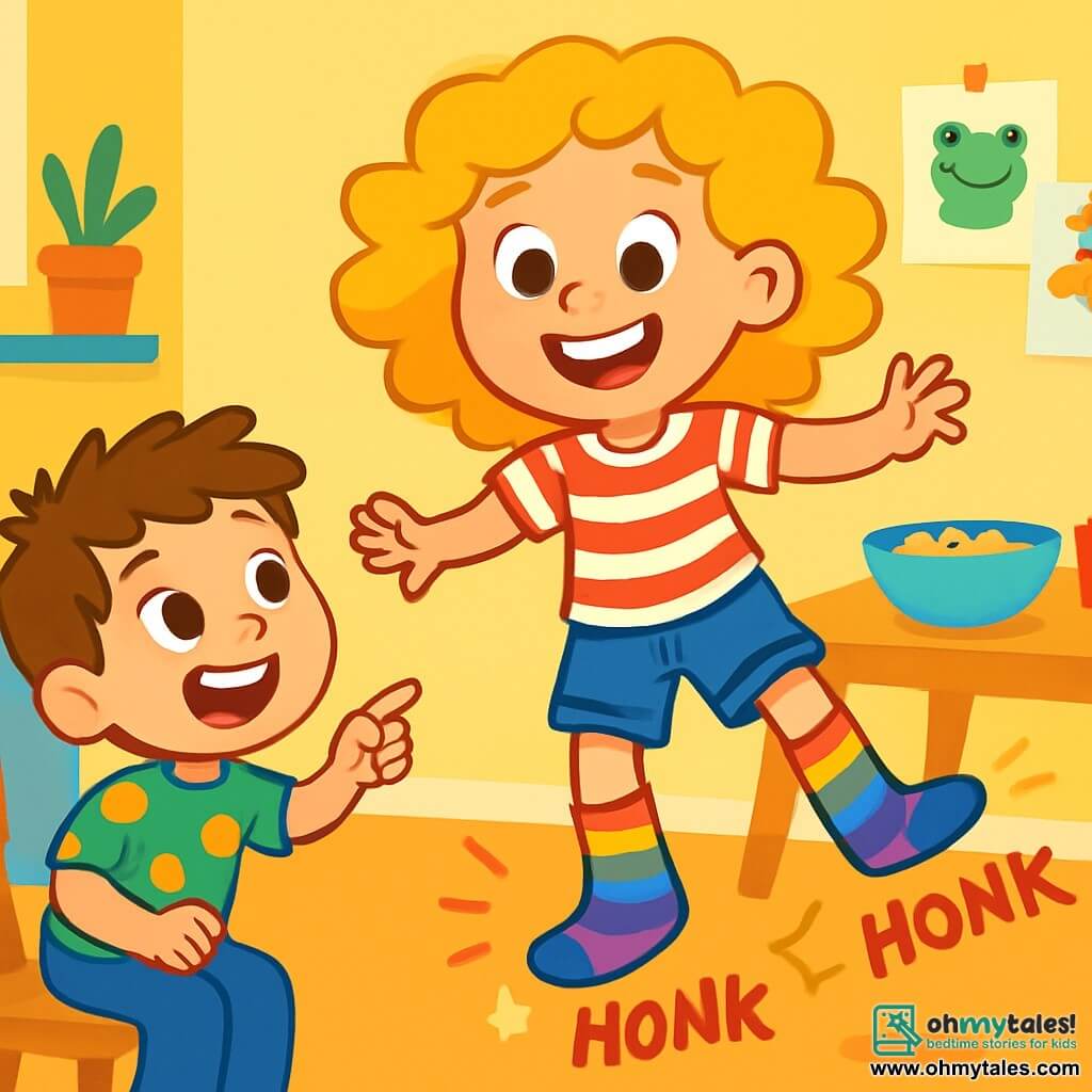 A young girl, Sally, with curly golden hair, is wearing a striped t-shirt and denim shorts. She has a big joyful smile and sparkling eyes full of excitement. Her rainbow socks shine and seem to bounce around her feet, making funny honking sounds. Next to her is her 5-year-old little brother, Max, with messy brown hair and a polka dot t-shirt, looking at Sally with wide eyes, laughing and pointing at the socks. They are in a bright and colorful kitchen, with yellow walls, a wooden table, and animal drawings on the wall. In this scene, Sally is trying to have breakfast, but her superhero socks are making her jump in the air, creating a hilarious and magical moment.