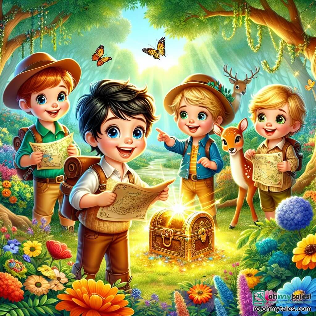 Patru băieți de 5 ani, Andrei, Mihai, Radu și Darius, sunt adunați într-o pădure fermecată. Andrei, cu părul brunet și ochii strălucitori, ține o hartă a comorii, în timp ce Mihai, cu părul blond și ochelari, arată spre un copac măreț. Radu, cu părul negru și un zâmbet jucăuș, observă o căprioară drăguță, iar Darius, cu părul șaten și purtând o pălărie de explorator, ține o bilă strălucitoare pe care au găsit-o. Pădurea este luxuriantă, plină de copaci mari, flori colorate și raze de soare care filtrează printre frunze, creând o atmosferă magică. În centrul scenei, o cutie de comori aurie strălucește, înconjurată de flori vibrante și fluturi dansatori. Băieții, entuziasmați și curioși, se pregătesc să descopere comoara ascunsă, fețele lor fiind iluminate de anticiparea aventurii.