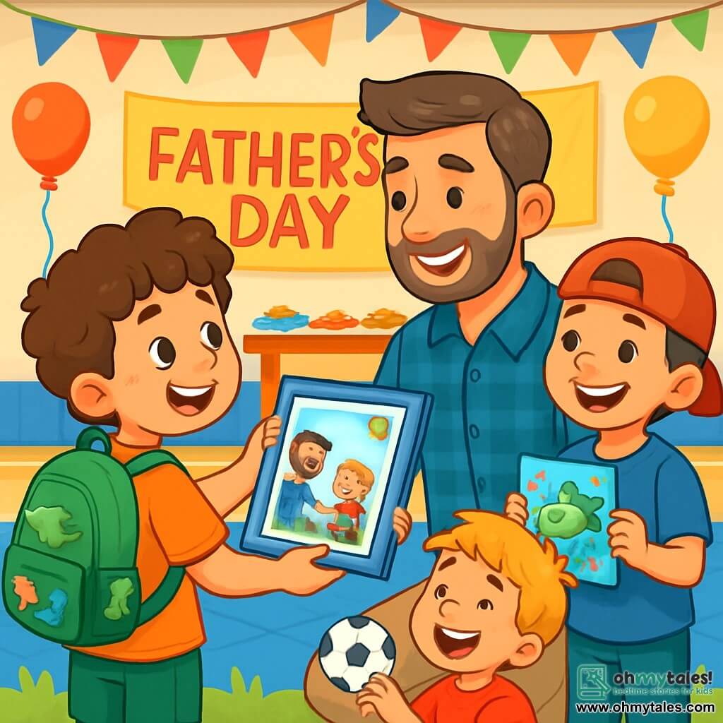 There are 4 characters: Max, an 8-year-old boy with curly hair and a green backpack covered in dinosaur stickers, joyfully holding a colorful photo frame; Mr. Parker, a man around 40 with slightly graying brown hair and a well-groomed beard, wearing a blue plaid shirt and beige pants, smiling proudly at his son; Charlie, an 8-year-old boy with messy blonde hair and a red t-shirt, laughing while sitting on the grass with a football-shaped card in hand; and Sam, an 8-year-old boy wearing a red cap backward and a blue t-shirt, standing with a decorated fishing card and a big smile. The setting is a gym decorated for Father's Day, with colorful banners hanging from the ceiling, tables filled with treats, and a large sign saying "Father's Day" in cheerful letters. The blue gym floor is covered with balloons in the corners. The main scene shows Max and his father, Mr. Parker, at the center, surrounded by their friends Charlie and Sam. Max proudly hands the photo frame to his father, while Mr. Parker smiles with tears of joy in his eyes. The other children sitting on the grass watch with admiration, creating an atmosphere of happiness and camaraderie.