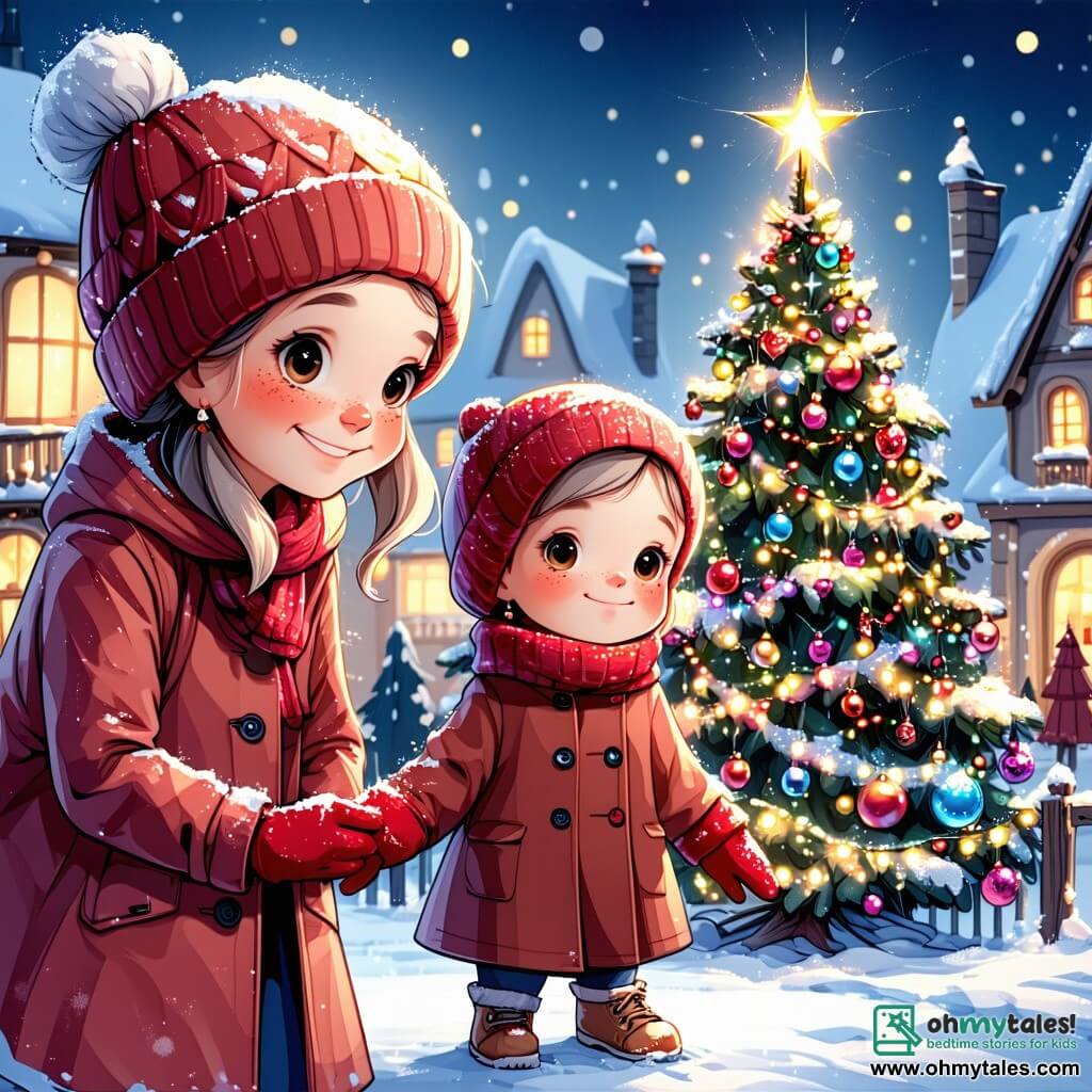 A 9-year-old girl named Lily stands at the center of the scene, with bright, joyful eyes and a radiant smile. She wears a bright red coat, a knitted wool hat, and matching gloves as she admires a beautiful illuminated Christmas tree decorated with shimmering garlands and colorful baubles. Next to her, her grandmother, Nana, around 70 years old, has silver hair and a gentle face marked by smile lines. She wears a wool shawl and gazes at the tree in wonder, hands on her heart, touched by her granddaughter's surprise. The setting is a snowy garden, where freshly fallen snow covers the ground and surrounding tree branches, creating a magical atmosphere. Snowflakes gently fall from the starry sky, adding to the scene's enchantment. The main focus is on Lily and Nana, together, marveling at the magical tree, symbolizing the spirit of Christmas and the joy of sharing precious moments with family.
