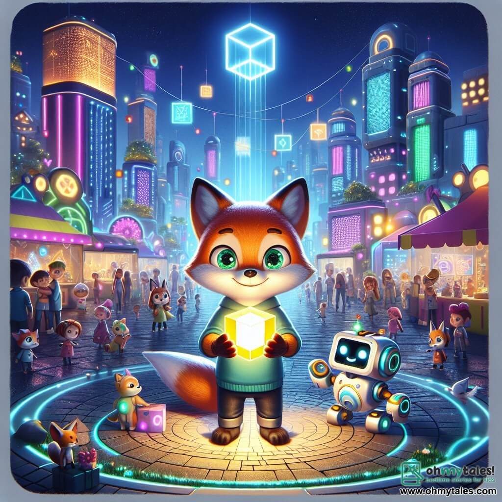 In the center of the image, a small fox named Felix, with shiny silver fur and sparkling emerald eyes full of curiosity, stands on his hind legs, holding a glowing cube in his front paws, his face illuminated with wonder and determination. Next to him is a robot named Rolo, with rounded shapes and bright colors, featuring glowing eyes and a wide smile, scanning the cube with its mechanical arms, displaying an expression of excitement and enthusiasm. In the background, the scene takes place in a futuristic park in Technotropolis, filled with sparkling skyscrapers, hanging gardens, and glowing paths, where families gather around colorful stalls during a lively technology fair. The main situation shows Felix and Rolo, surrounded by an amazed crowd, revealing the Glow Cube that emits a soft light, symbolizing hope and innovation, as children and adults watch them with admiration, ready to discover the wonders of their futuristic city.