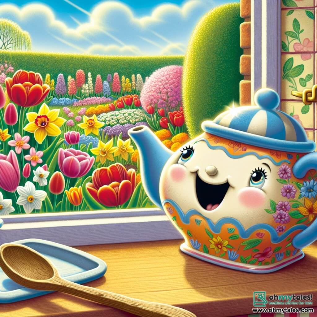 Tippy, a small colorful porcelain teapot with a smiling face and sparkling eyes, sits on a windowsill, gazing in wonder at the blooming garden. It expresses joy and excitement, with its handles and lid slightly tilted as if dancing with happiness. Next to Tippy, an old wooden spoon with a rough texture and a kind smile observes the scene tenderly from the kitchen table, sharing Tippy's joy. The garden is a living painting, filled with vibrant flowers: red tulips, yellow daffodils, and purple violets, under a clear blue sky dotted with fluffy white clouds. Sunlight illuminates the garden, creating a warm and cheerful atmosphere. In this scene, Tippy admires the colorful spectacle of the blooming garden, while the family's children enthusiastically plant seeds in the background, adding life and movement to this beautiful spring day.