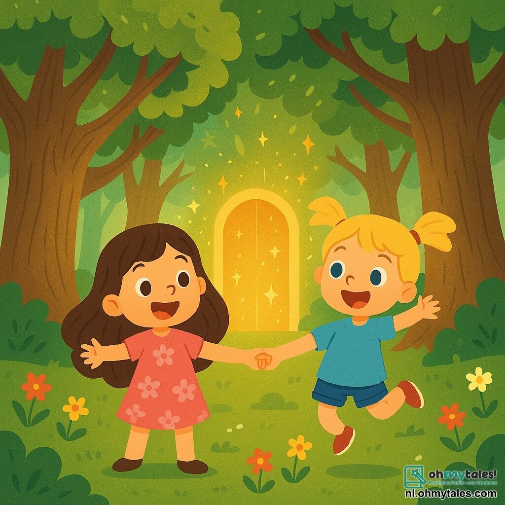 Twee hoofdpersonages: Lila, een 3-jarig meisje met lang bruin haar en sprankelende ogen, draagt een roze jurk met bloemenpatronen. Ze staat links met uitgestrekte armen en een grote glimlach, vol enthousiasme. Rechts van haar staat Mieke, een ander 3-jarig meisje met blonde staarten en blauwe ogen. Ze draagt een blauwe tuniek en een spijkerbroekshort, terwijl ze van blijdschap springt. De scène speelt zich af in een oud eikenbos met majestueuze bomen, dikke stammen en glanzende groene bladeren die in de wind dansen. Zonne-stralen filteren door het loof en creëren zachte schaduwen op de met mos en kleurrijke wilde bloemen bedekte grond. In het midden van de scène is een schitterende magische deur zichtbaar, omringd door gouden licht. Lila en Mieke, verwonderd, houden elkaars hand vast voor de magische deur, klaar om een wereld van tijdreizen binnen te gaan, met sterren en lichtflitsen die om hen heen zweven, wat het avontuur symboliseert dat hen te wachten staat.